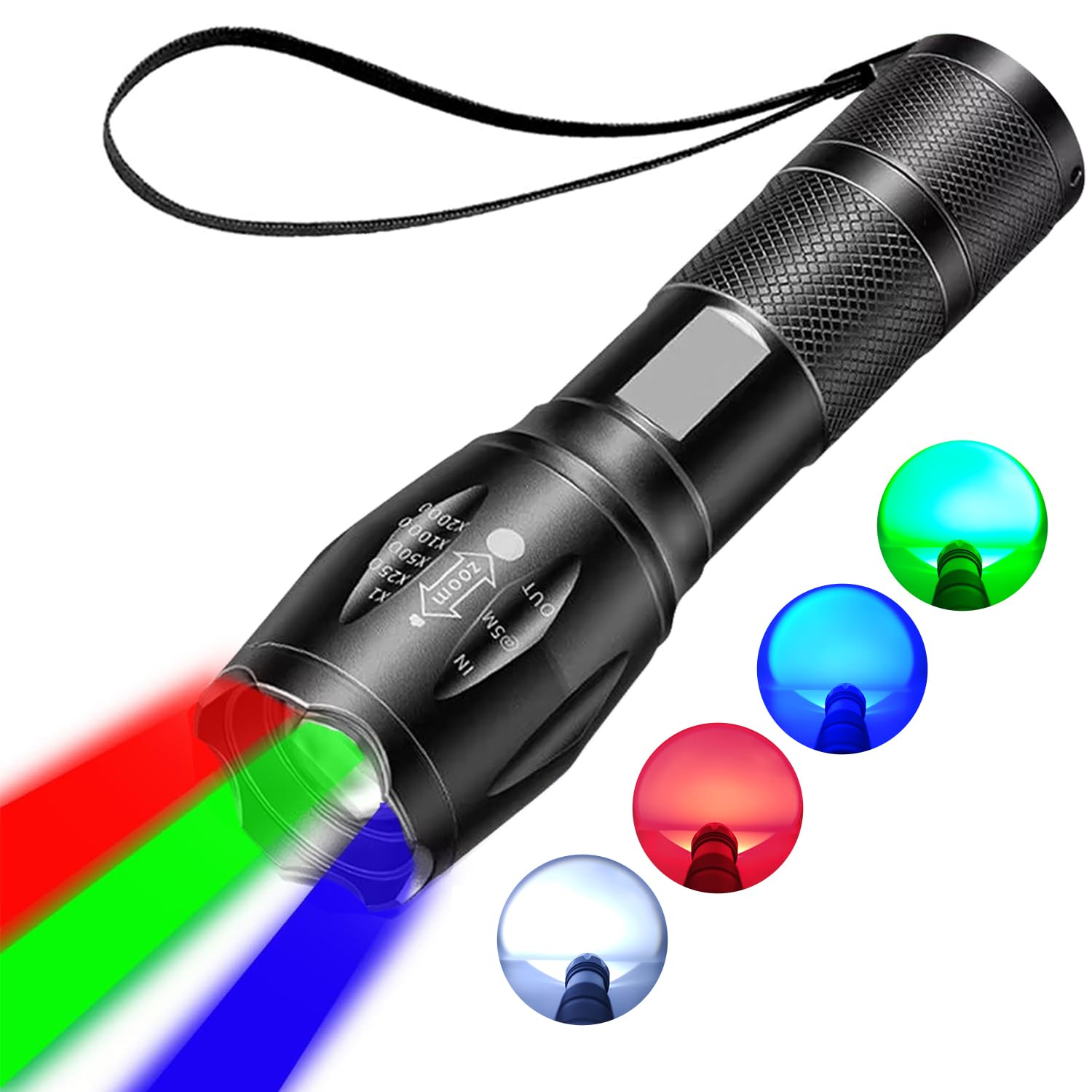 Hyvczp Red Flashlight Rechargeable, Green Light Flashlight, Blue Light Flashlight，Long Range Powerful, 4 In 1 Multi-Color, White, Red, Blue And Green Lights, 4 Color Modes For Camping,Outdoor