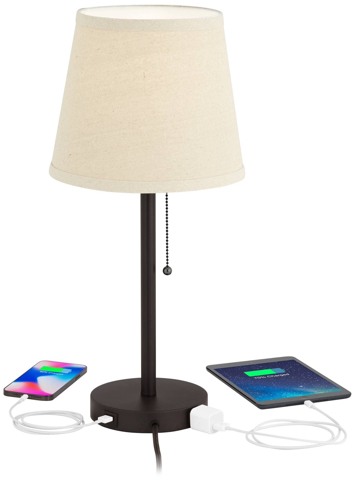 360 Lighting Flesner Modern Desk Table Lamp With Hotel Style Usb And Ac Power Outlet In Base 20" High Bronze Metal Oatmeal Drum Shade For Living Room Bedroom House Bedside Nightstand Home