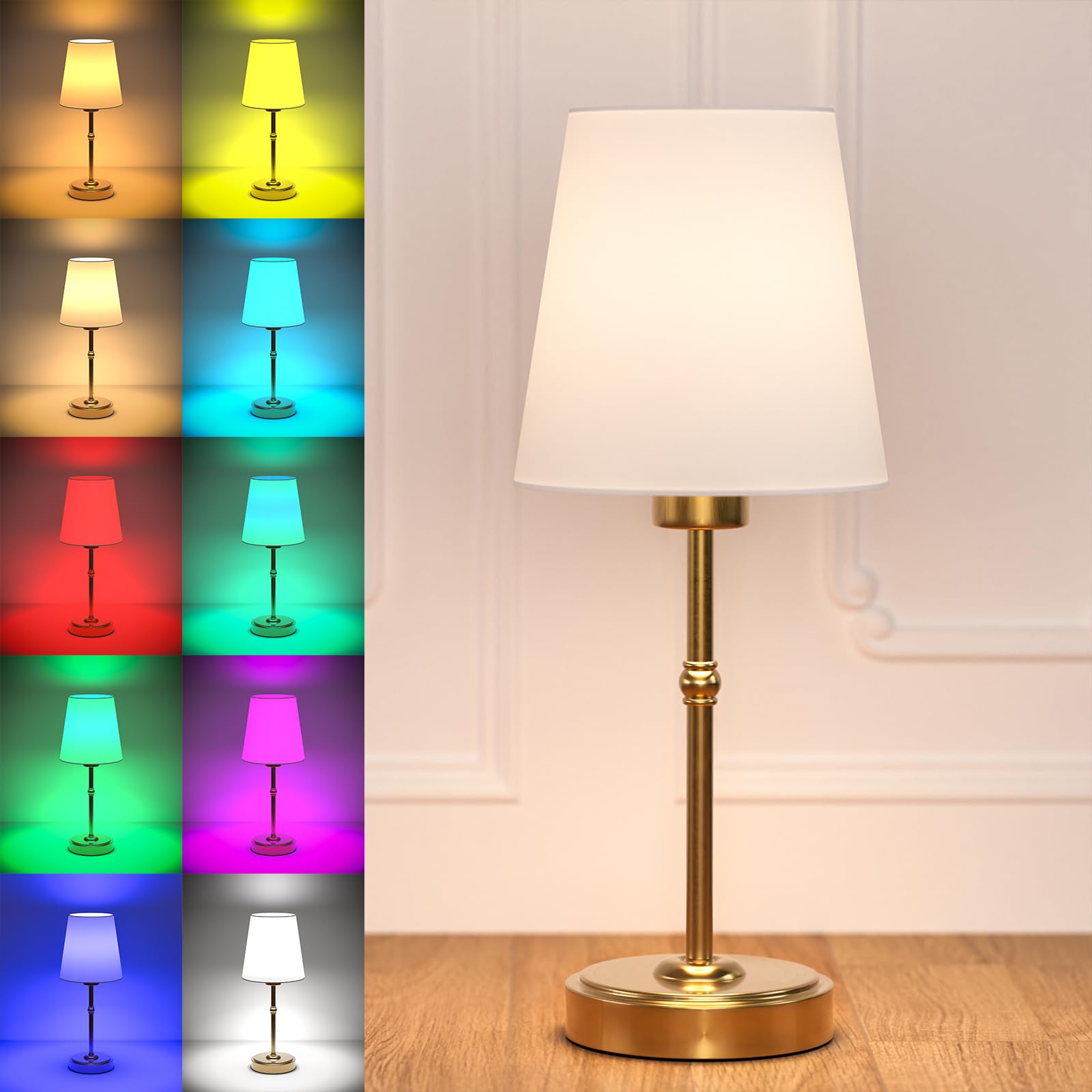 Hydong Cordless Table Lamp With Rechargeable Light Bulb Brushed Gold 2200Mah Battery Operated Small Vintage Bedside Lamps, 4 Color Temperatures/Timer/Dimmer/Color Changing Table Lamps For Bedroom Living Room