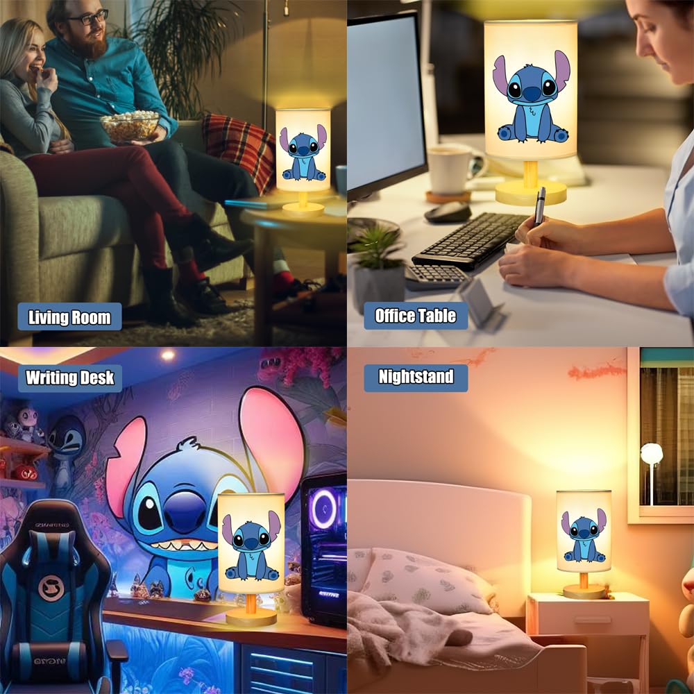 Gifizol Stitch Bedside Table Lamp For Bedroom, Stitch - 3 Colors Nightstand Light Lamp, Wood Base Round Flaxen Fabric Shade Desk Reading Lamp For Kids Room, Led Bulb Included, Stitch Stuff Girls
