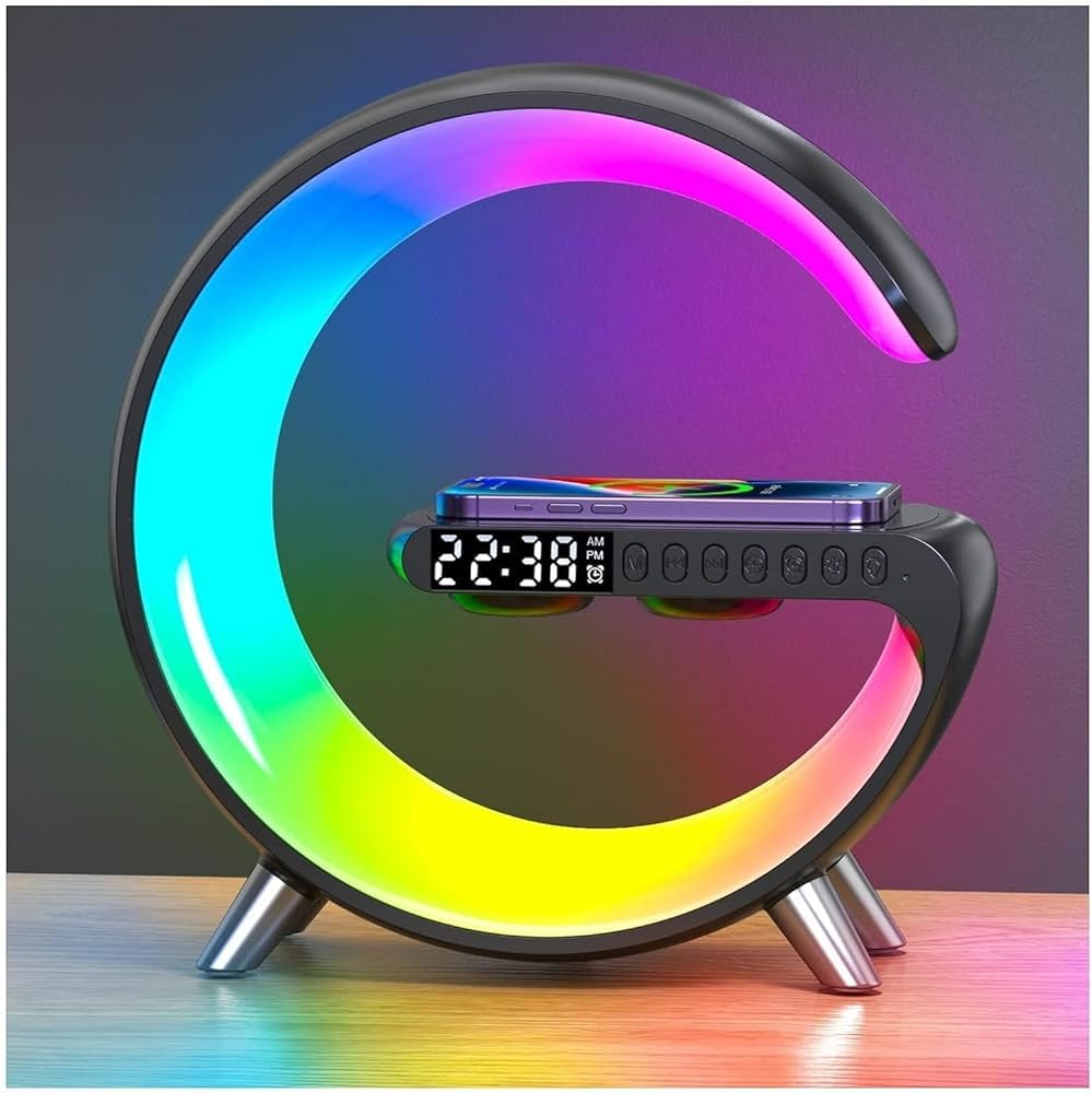 Domigard Smart Led Table Lamp,4 In 1 Night Light,Wireless Charger,Alarm Clock And Bluetooth Speaker With App Control Color Changing Lamp For Bedroom, Office, And Home Decor (Black)