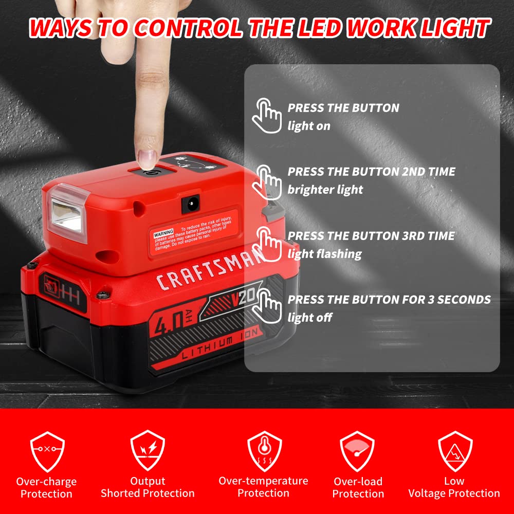 Hiesuan Battery Adapter Charger For Craftsman V20 Li-Ion Battery, Power Source With 3W 140Lm Led Light, 2 Usb Ports, 12V Dc Port Flashlight Worklight Outdoor Camping Lantern Light