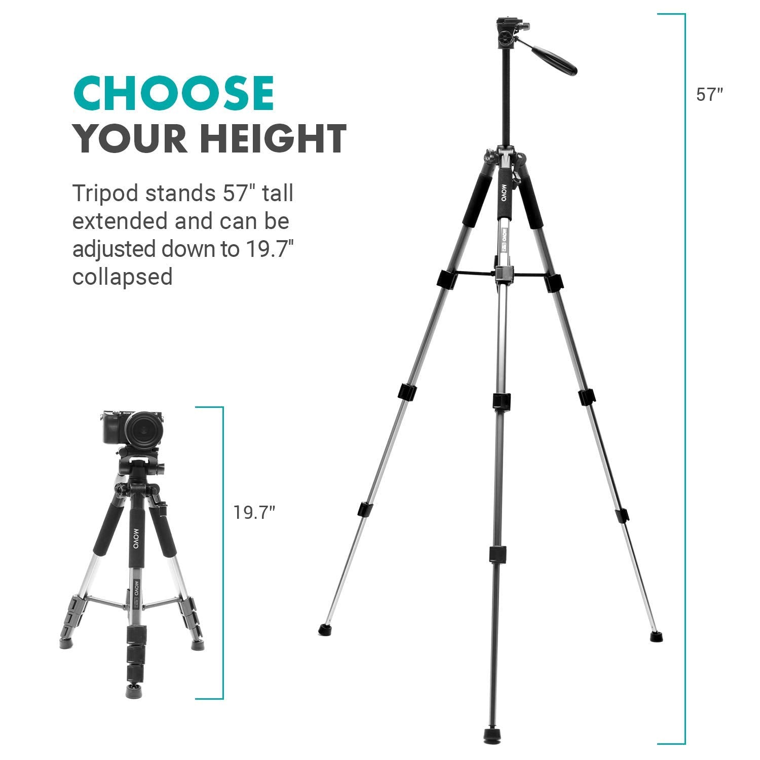 Movo Mv-T5 57-Inch Video Camera Tripod Stand With Pan Head - Lightweight Tripod For Camera And Phone Videos, Vlogging, Film - Aluminum Travel Tripod For Dslr Camera With Digital Camera Tripod Mount