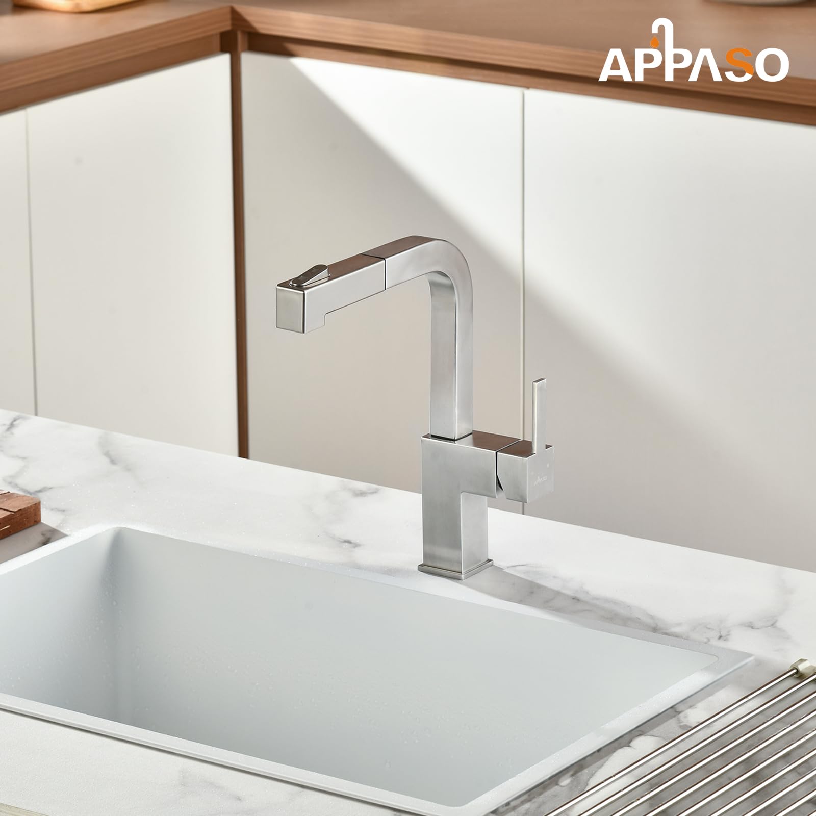 Appaso Square Kitchen Faucet, Single Handle High Arc Kitchen Faucets, 20 Inch Pull Down Kitchen Faucet, Dual Function Sprayer, Stainless Steel Sink Faucet, With Square Deck Plate
