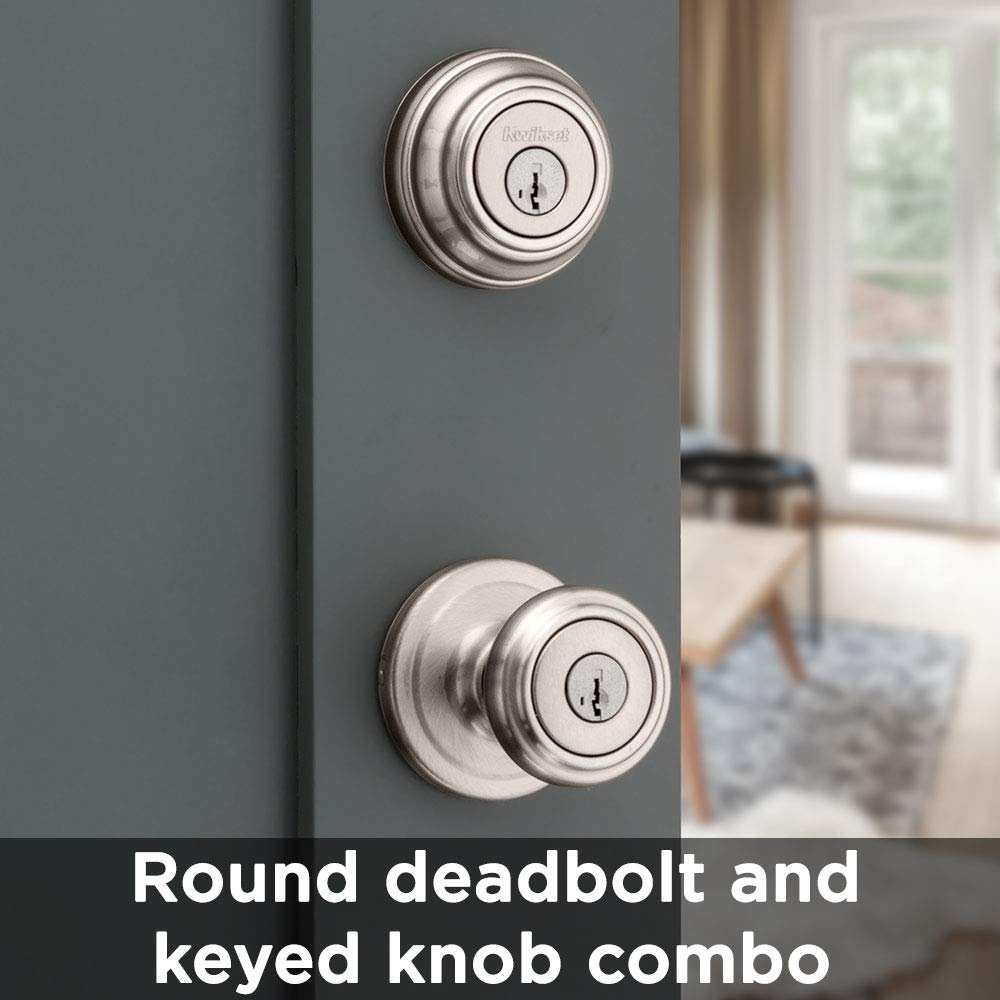 Kwikset Cameron Keyed Entry Door Knob And Single Cylinder Deadbolt Combo Pack With Microban Antimicrobial Protection Featuring Smartkey Security In Satin Nickel