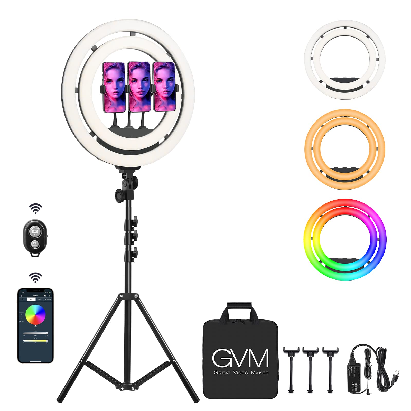 Gvm 18" Selfie Ring Light With 65" Adjustable Tripod Stand & Phone Holder, Remote App Program Control, 50W Double-Layer Led Rgb Camera Light Ring For Photography/Youtube/Live Broadcast/Makeup