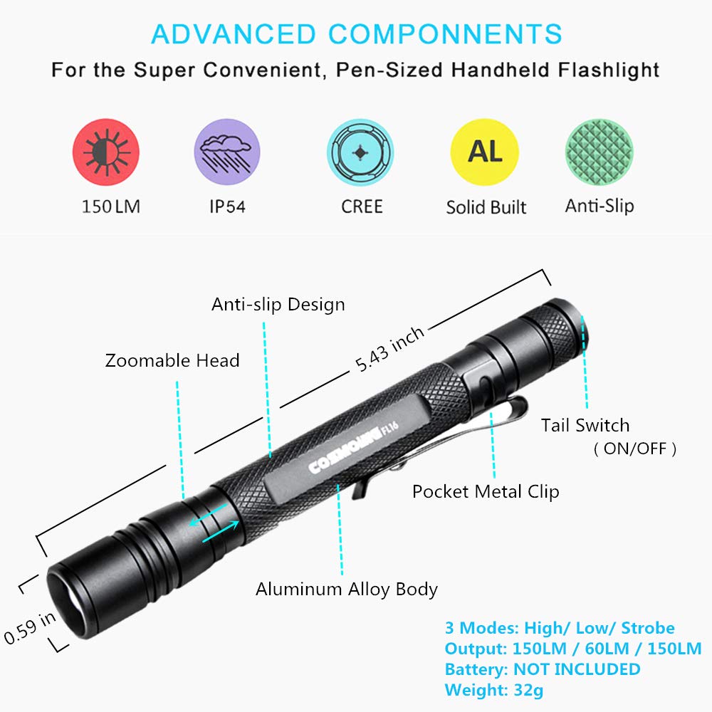 Cosmoing 3 Pack Led Pen Flashlight, Adjustable Focus, Waterproof, 150 Lumen, Battery Powered, 3 Modes, 3 Aaa Batteries Not Included
