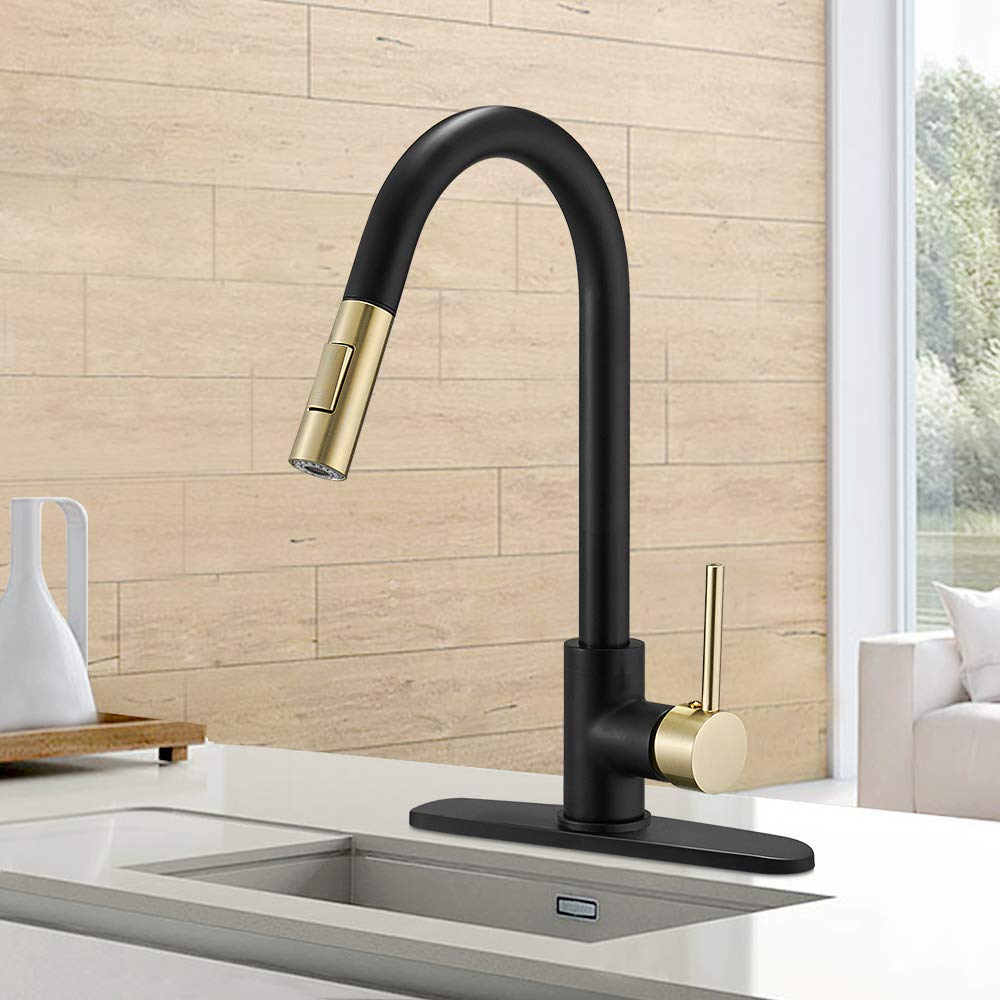 Hoimpro High-Arc Single Handle Kitchen Sink Faucet With Pull Out Sprayer, Modern Rv Kitchen Faucet With Pull Down Sprayer, Touch Water Faucet, Brass/Matte Black & Gold(1 Or 3 Hole)