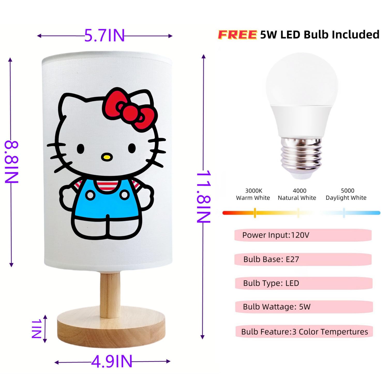 Dai-Congyue Kitty Bedside Table Lamp For Bedroom,Kitty -3 Colors Nightstand Night Light Lamp With Led Bulb,Wood Base Round Flaxen Fabric Shade Desk Reading Lamp For Kids Room,Holiday For Girls Boys (B)