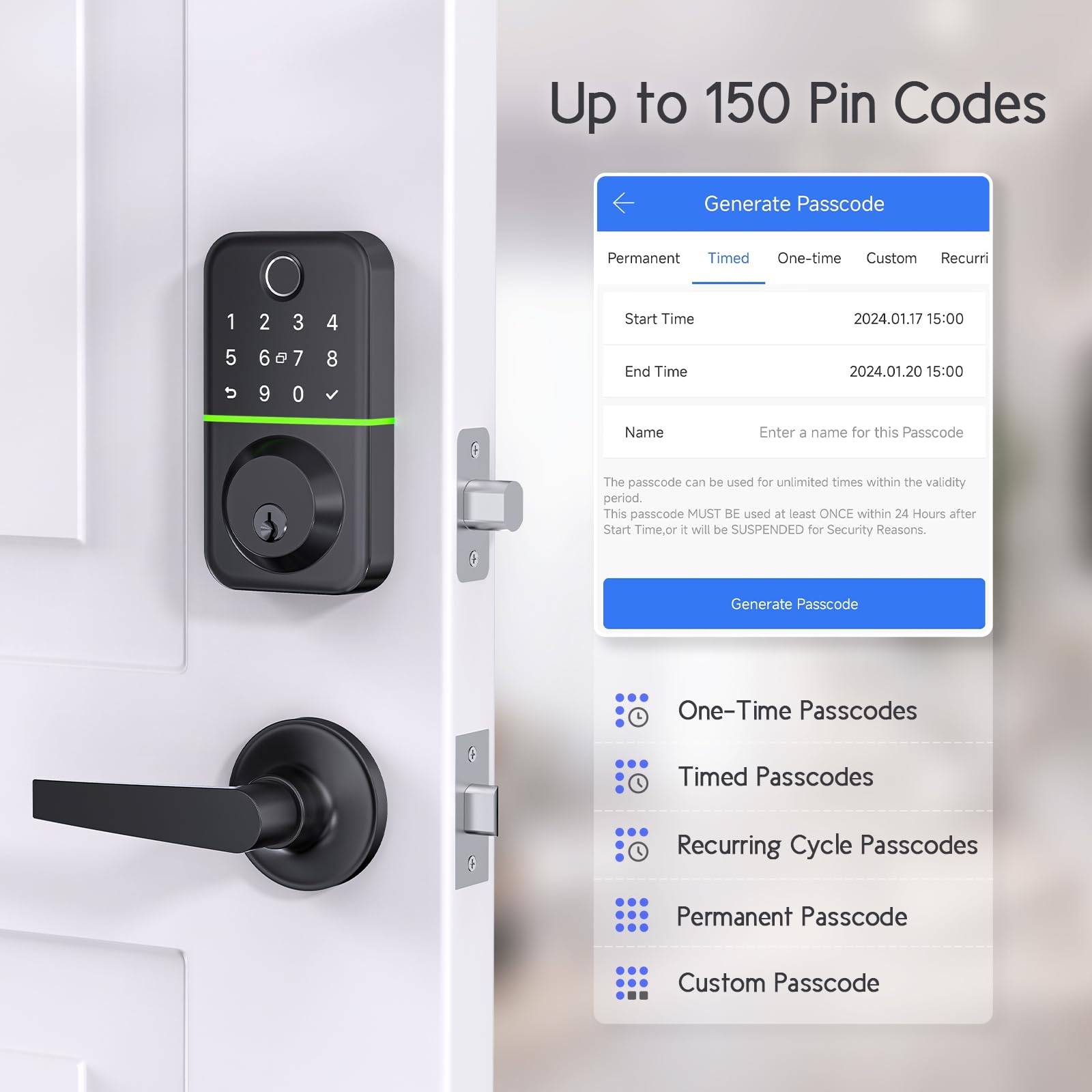 Wisegear Keypad Handle Set Smart Lock - Fingerprint Deadbolt With 2 Levers - App Controlled Keyless Entry - Waterproof & Electronics