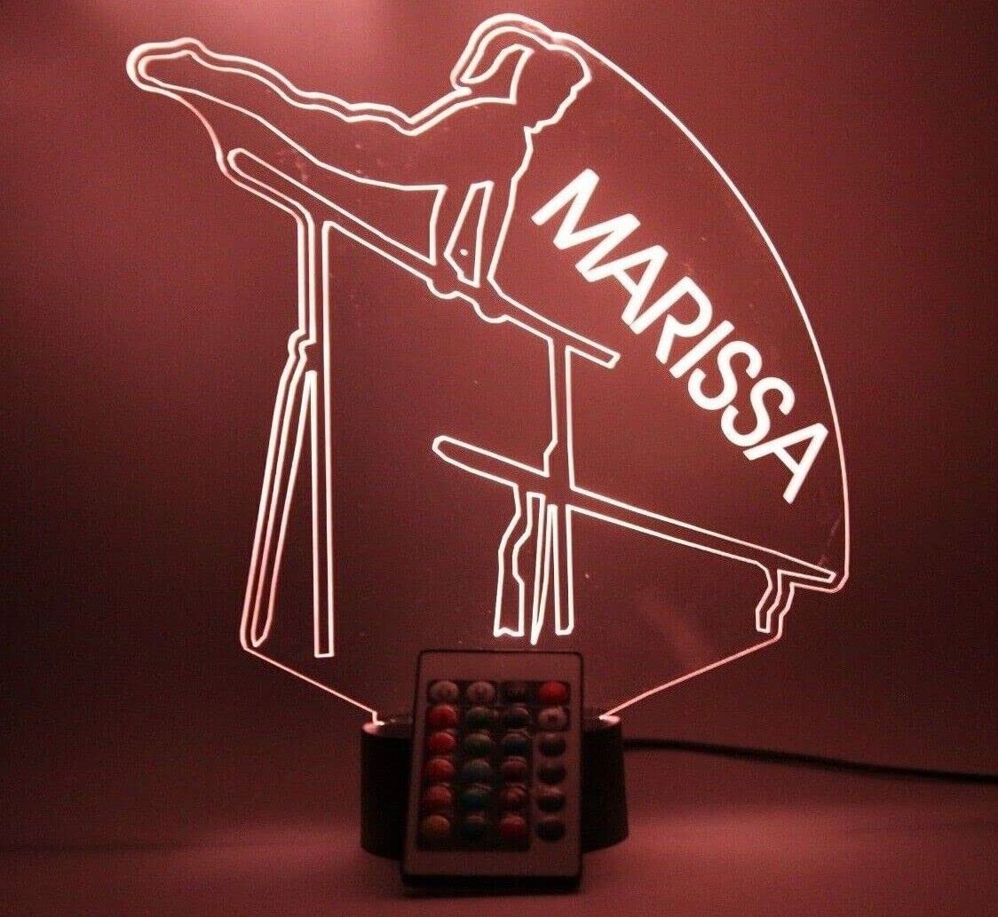 Mirror Mania Gymnast On Bars Night Light Up Lamp Led Personalized Name Engraved Gymnastics Athlete Gymnasts Tumbler Desk Table Lamp, Custom Design Feature - It'S Wow, With Remote, 16 Color Options, Great