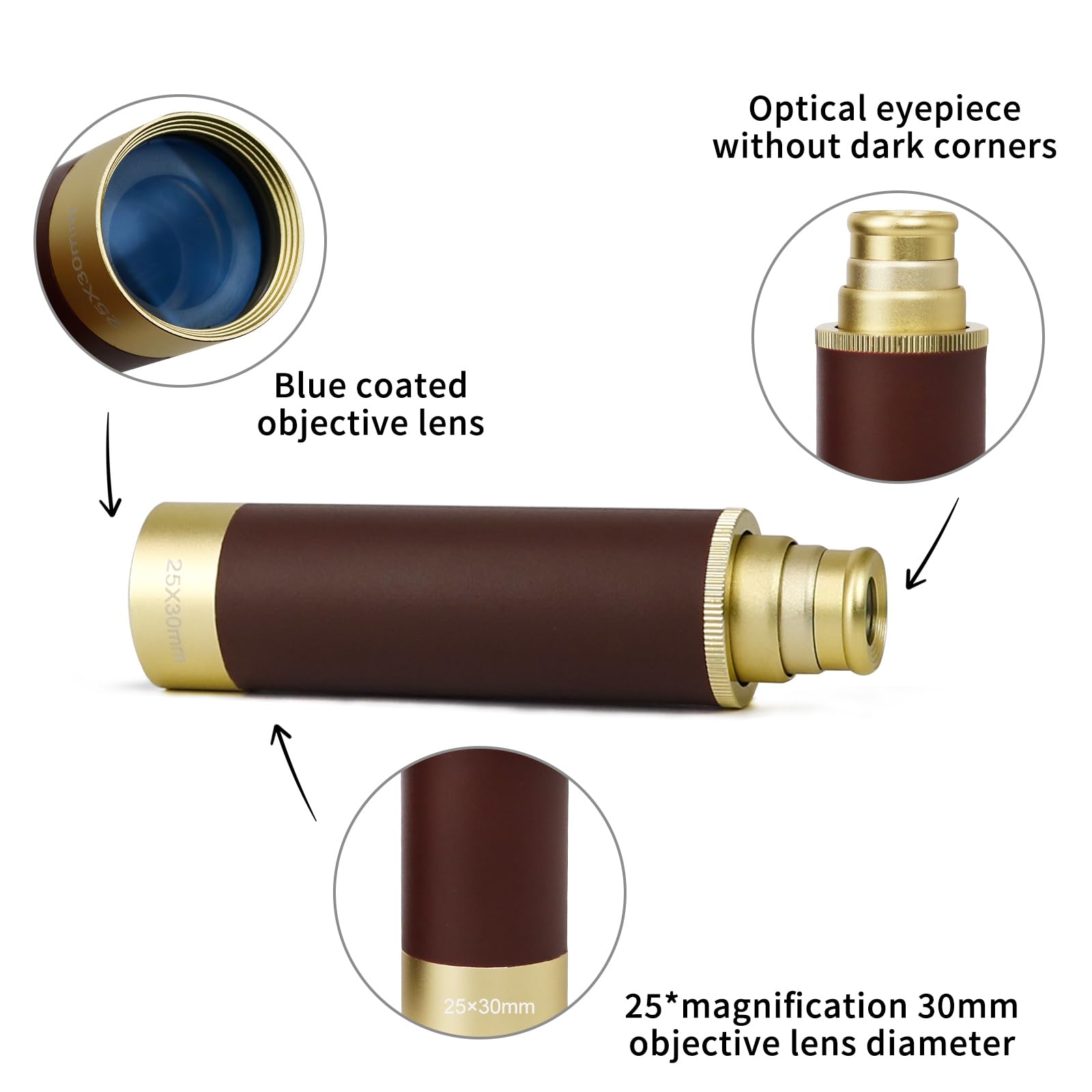 doar 25X30 Zoomable Monocular Vintage Pirate Telescope - Waterproof Aluminum Alloy Brass Adjustable Optics Telescope For Travel Navigation Sailing Voyage View Watching Games(Gold)