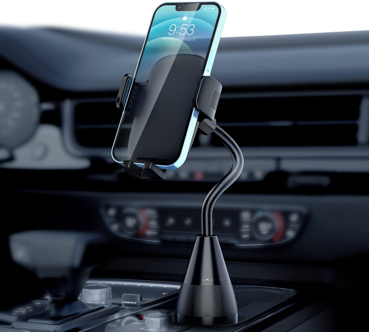 Qifutan Cup Holder Phone Mount, Black, Extendable Base & Adjustable Gooseneck, Compatible With Iphone