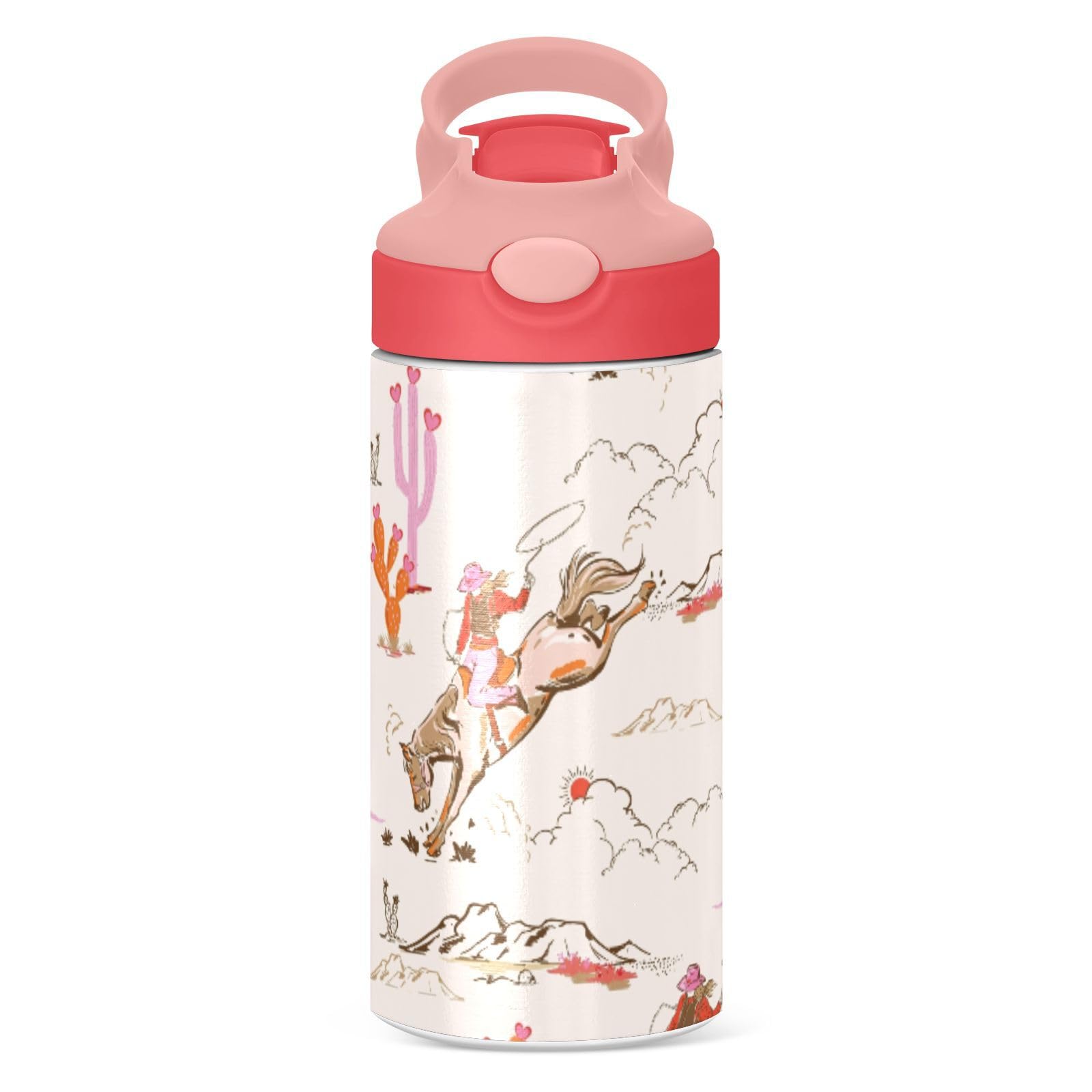 Cute Rodeo Cowgirl Kids Water Bottle, Insulated Stainless Steel Water Bottles With Straw Lid, 12 Oz