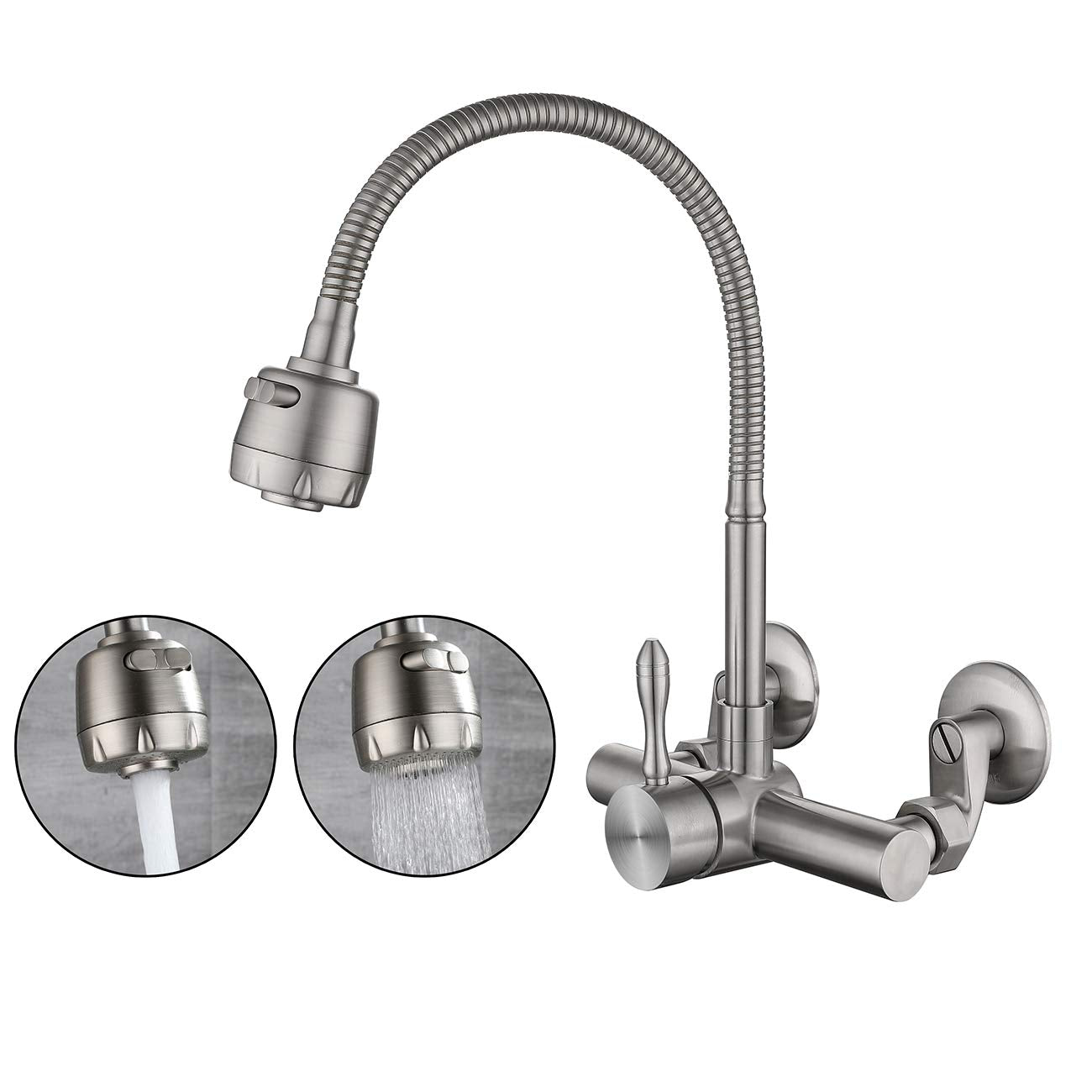 Wazzj Wazzj-Kitchen Wall Faucet Brushed Nickel Wall Mounted Faucet 3" To 9" Adjustable Spread