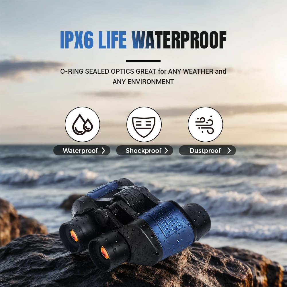 Wulakeo 20X50 High Powered Binoculars For Adults Kids, Waterproof Compact Binoculars With Low Light Vision For Bird Watching Hunting Football Games Travel Stargazing Cruise With Carrying Bag