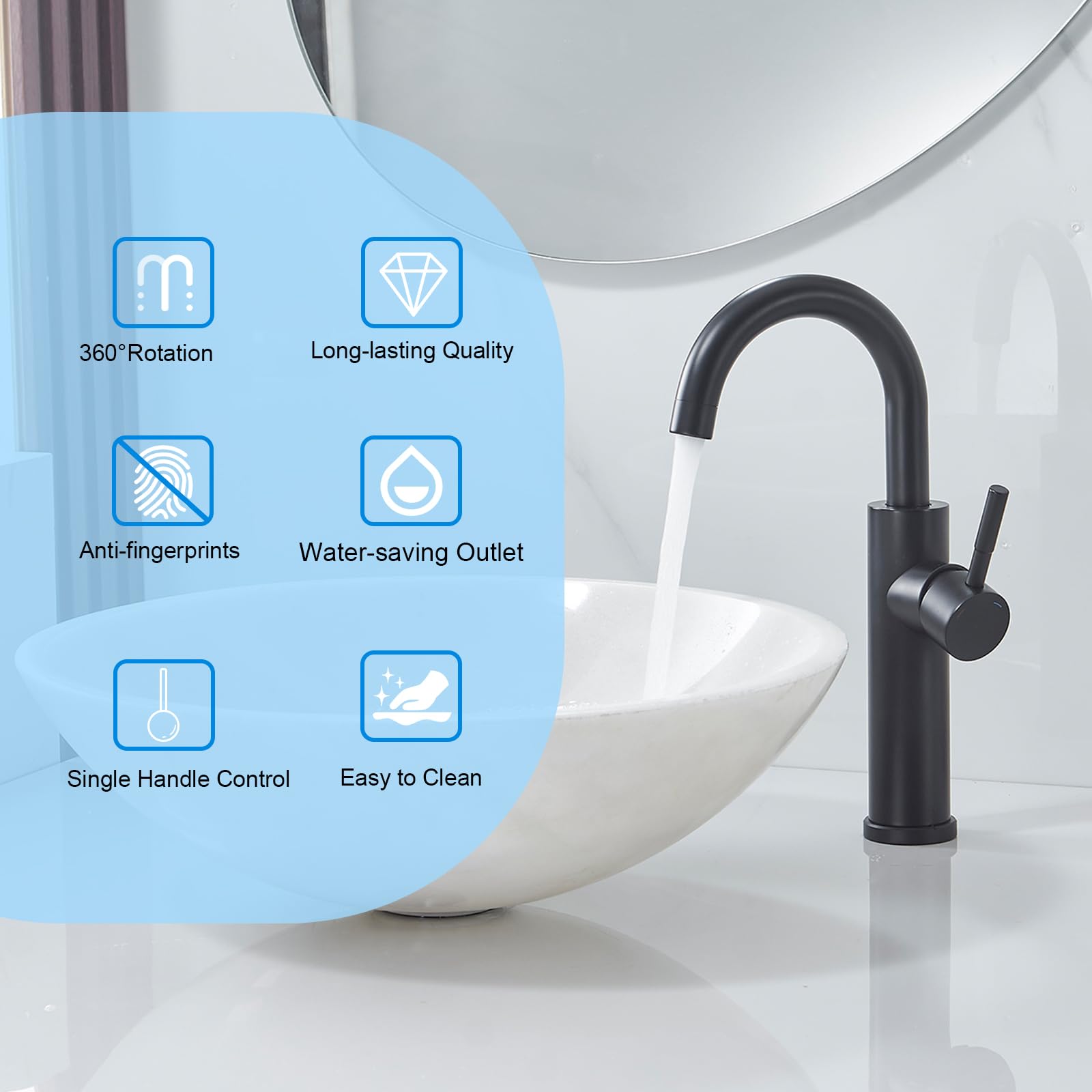 Bwe Matte Black Bathroom Bar Faucet High Arc Vessel Sink Faucet With 360° Swivel Spout Single Hole Commercial Faucet For Bathroom Or Mini Kitchen Sink Stainless Steel Modern Wet Bar Faucets