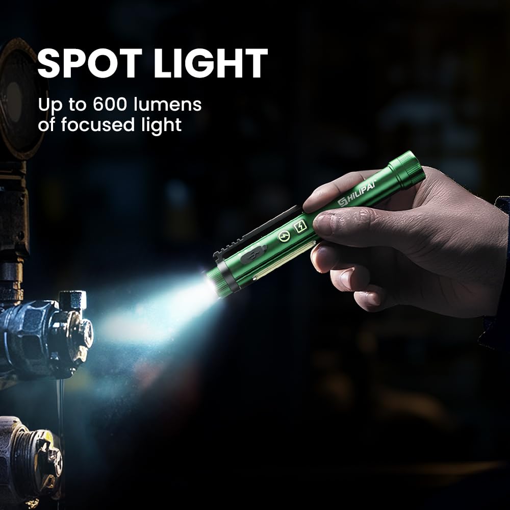 Shilipai Edc Flashlight With Work Light, Rechargeable Pocket Clip Dual Magnetic Base For Hands- Lighting, Portable Cob Led Dimmable Flashlight, Hazard Light -Green