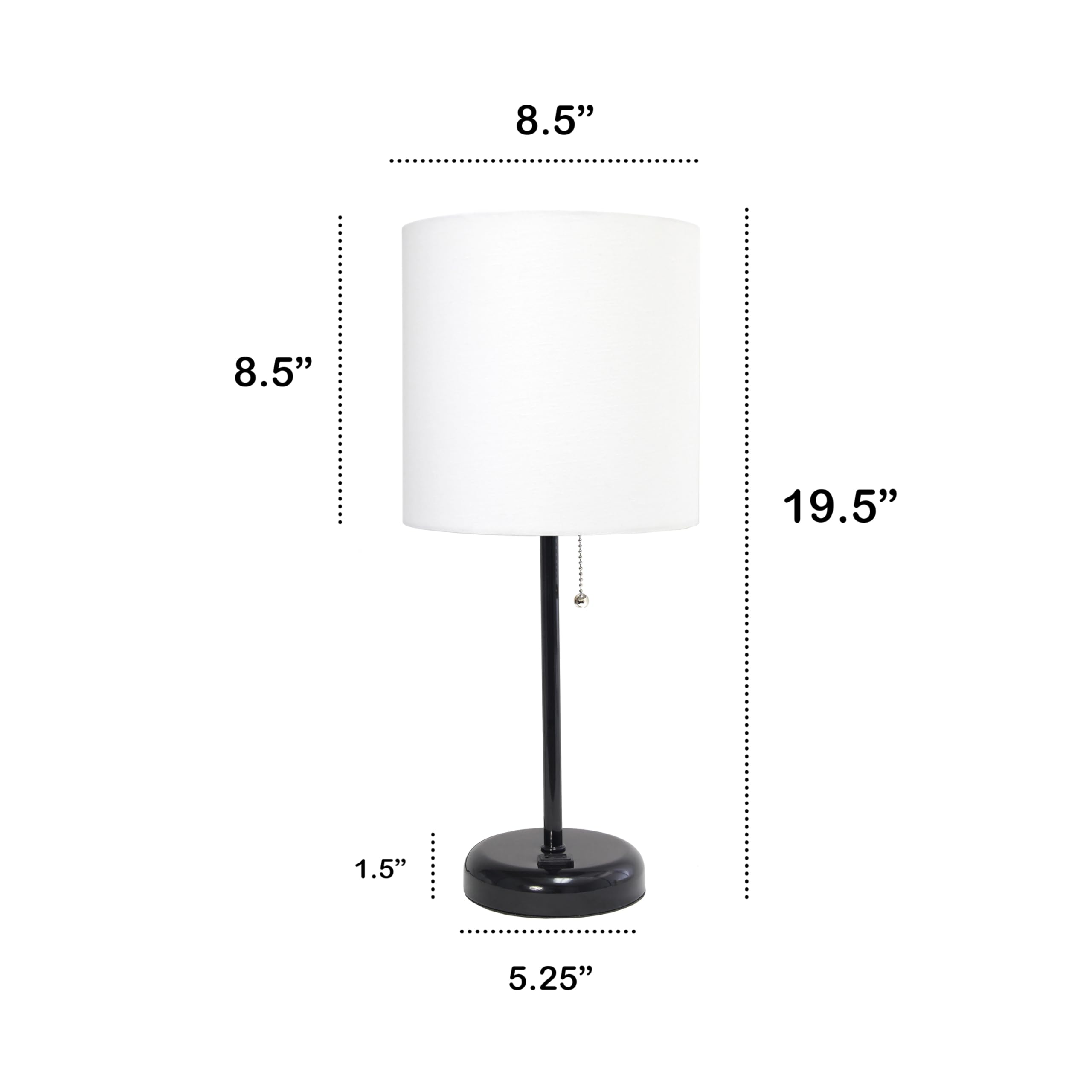 Creekwood Home Oslo 19.5" Contemporary Bedside Power Outlet Base Standard Metal Table Desk Lamp In Black With White Drum Fabric Shade For Home Décor With Feit Led Bulb