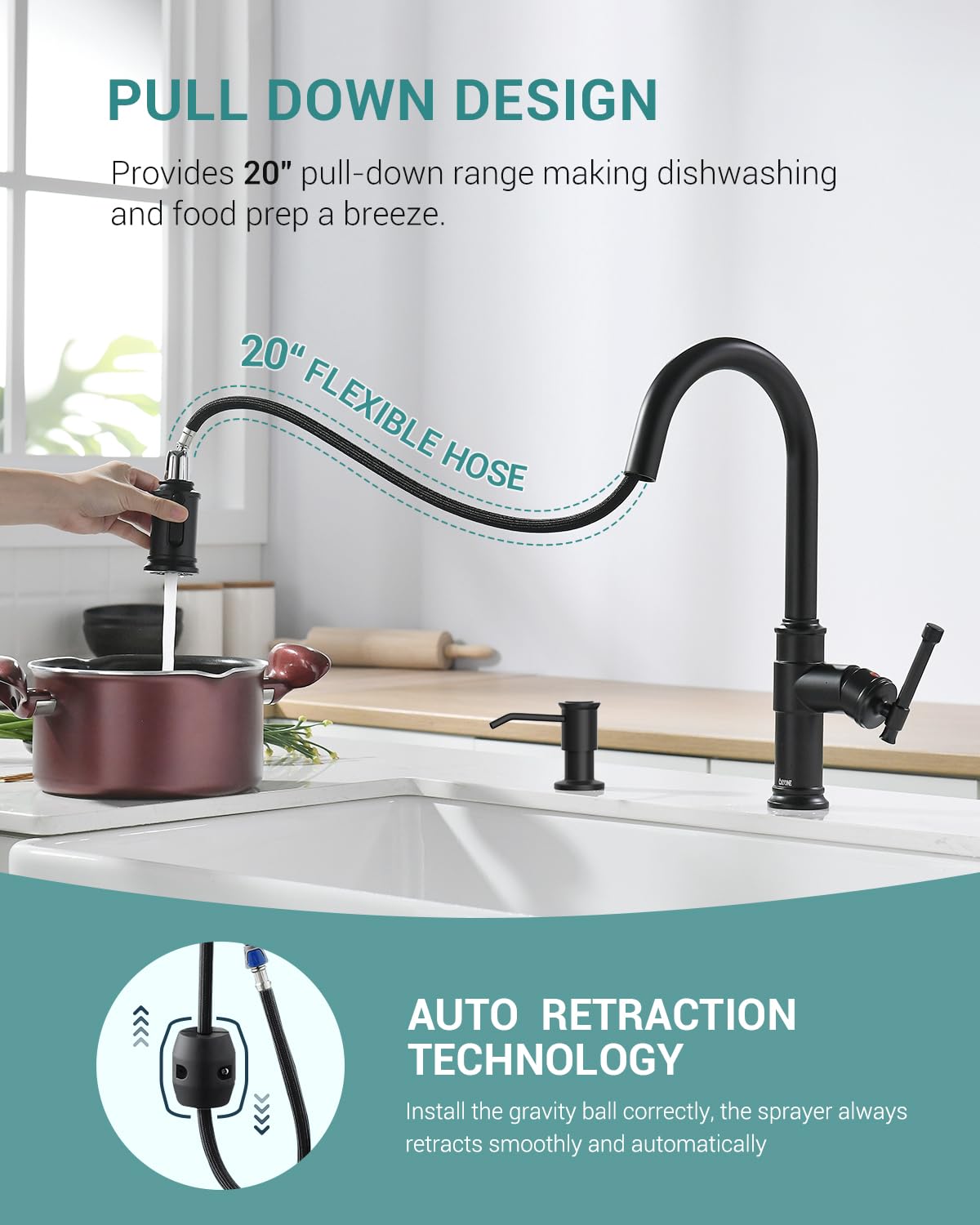 Dayone Matte Black Kitchen Faucets With Pull Down Sprayer, Single Handle Stainless Steel Kitchen Faucet One Hole High Arc Farmhouse Sink Faucets With Soap Dispenser, Day-136Mb