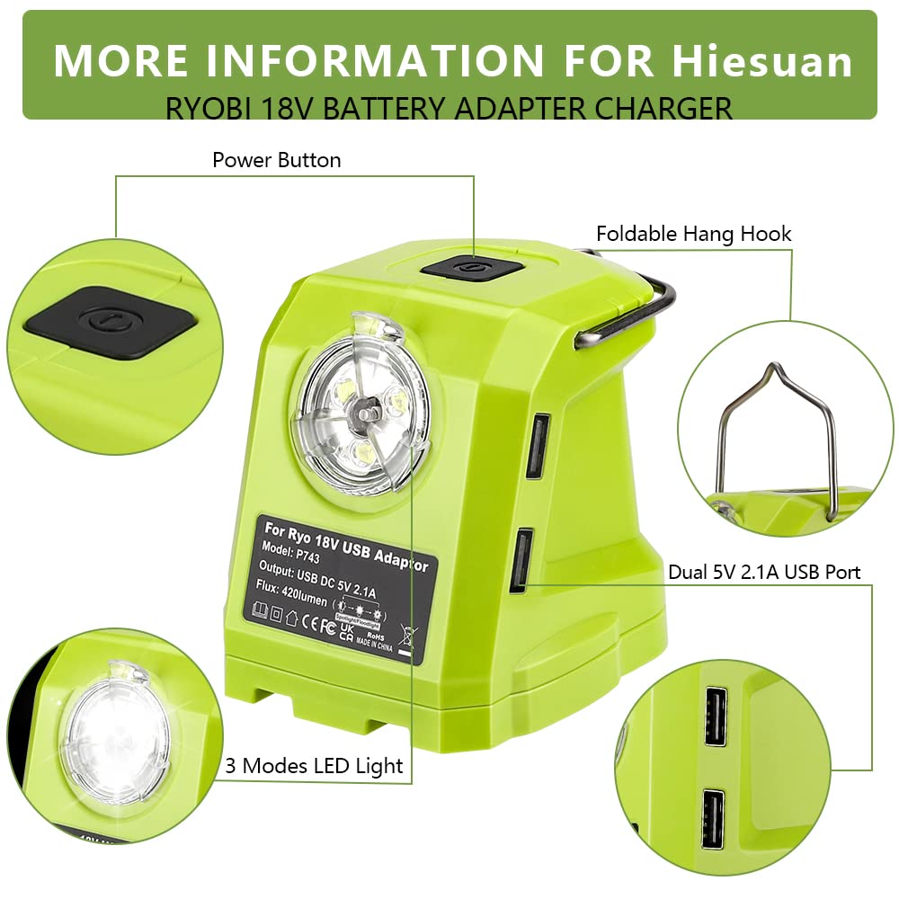 Hiesuan Portable Flashlight For Ryobi 18V Battery, 420Lm Led Work Light With 2 Usb Ports, 3 Light Modes And Foldable Hang Hook, Worklight Outdoor Camping Lantern For Emergency
