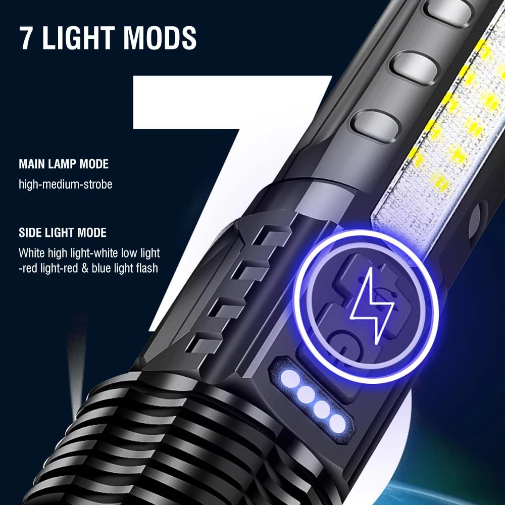 Aspennovatools A76 Rechargeable Flashlights Lumen Led Flashlight With Cob Side Light, 7 Modes, Zoomable, Ipx6 Waterproof, Usb Rechargeable, Black