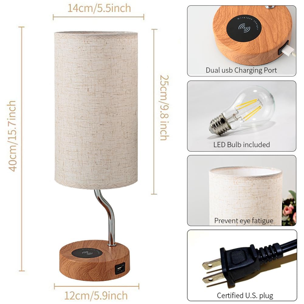 Artoomizz Smart Bedside Table Lamp Set Of 2 With Wireless Charger & Usb Port - Touch Control Led Desk Lamp For Bedroom, Dimmable Wooden Nightstand Lamp With Fabric Shade For Living Room, Kid'S Room,(Cream)