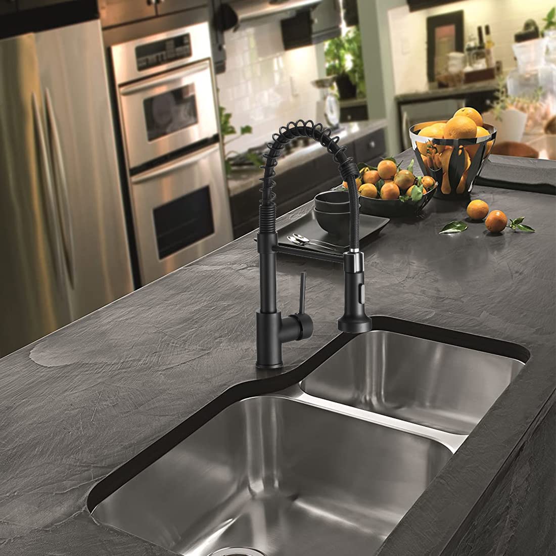 Owofan Black Kitchen Faucet With Pull Down Sprayer Stainless Steel Single Handle Pull Out Spring Sink Faucets 1 Hole Or 3 Hole Dual Function For Farmhouse Camper Laundry Utility Rv Wet Bar