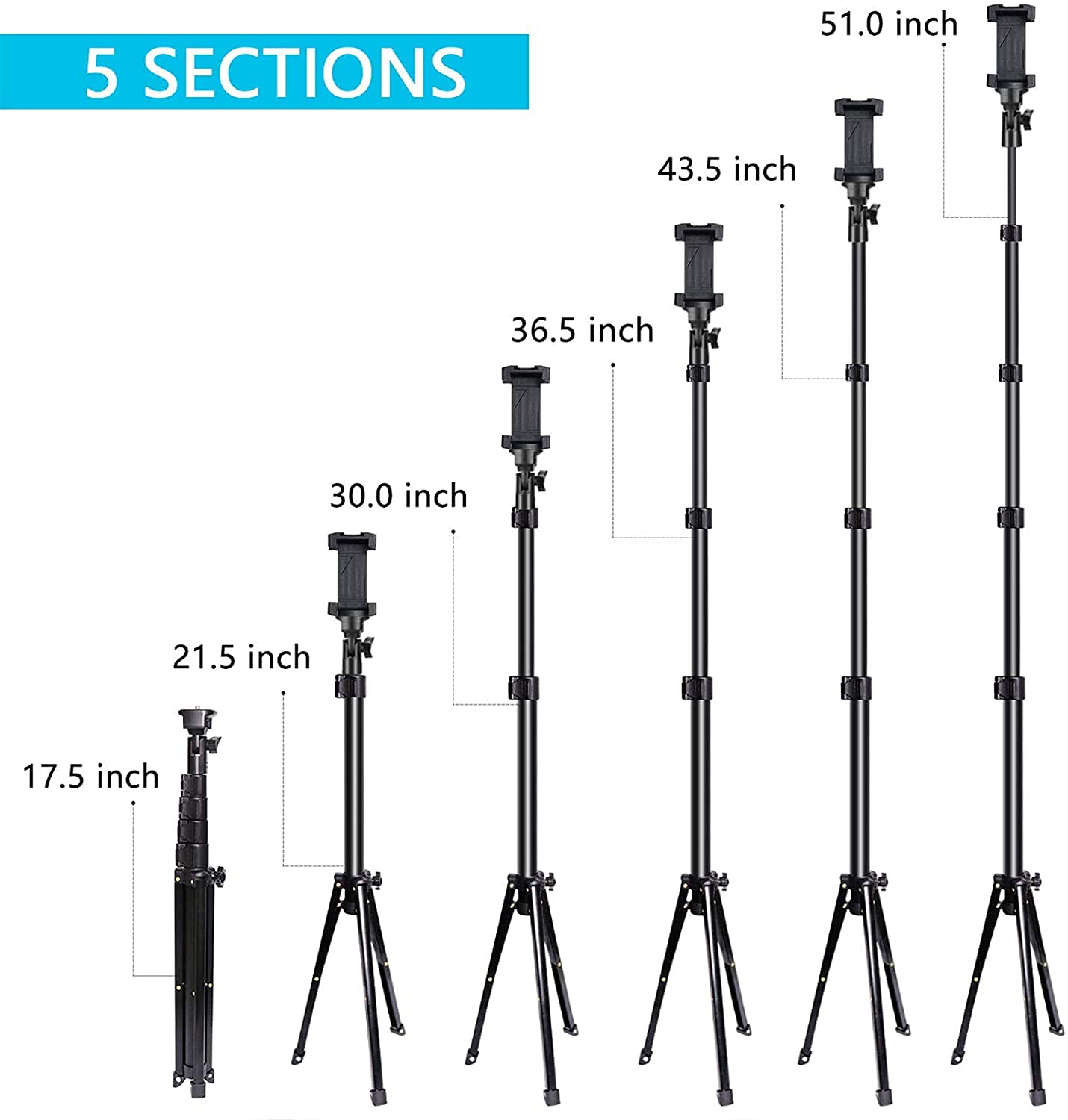 Talkworks Flexible Phone Tripod, Black & Ubeesize 51" Extendable Tripod Stand With Bluetooth Remote For Iphone Android Phone, Heavy Duty Aluminum, Lightweight
