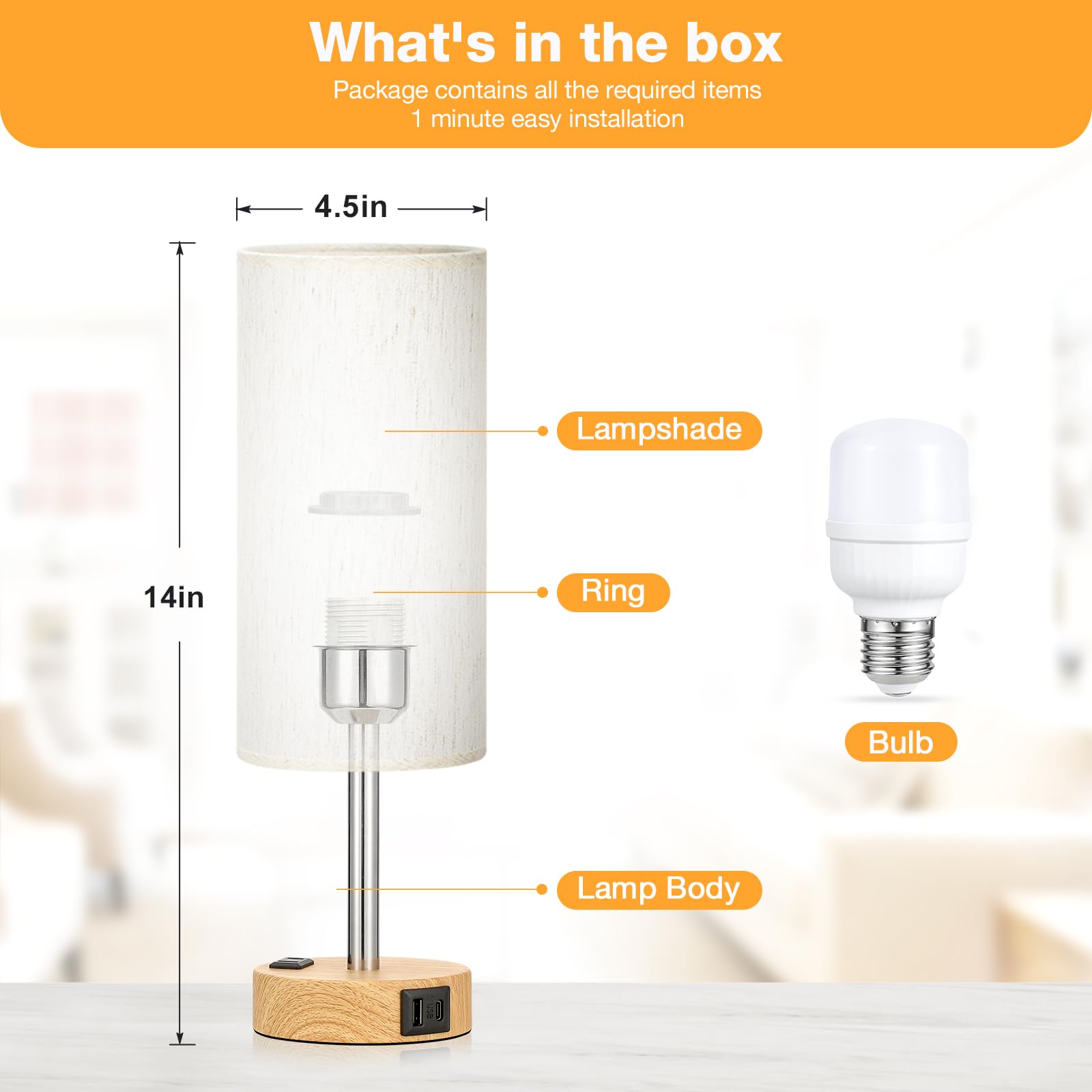 Fenmzee Bedside Table Lamp For Bedroom - 3 Way Dimmable Touch Lamp Usb C Charging Ports And Ac Outlet, Small Lamp Wood Base Round Flaxen Fabric Shade For Living Room, Desk, Led Bulb Included