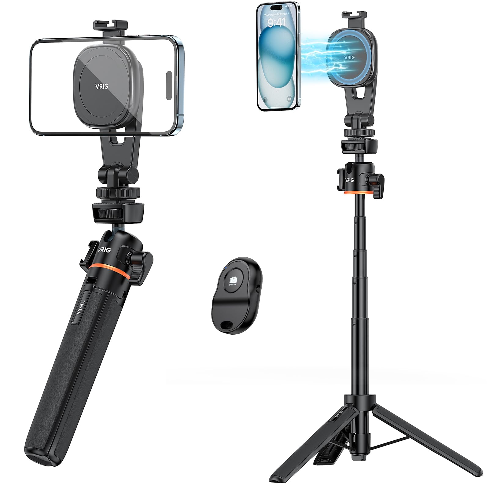 Vrig Express 21.6" Magnetic Selfie Stick Tripod With Wireless Remote, Extendable Phone Stand Tripod For Magsafe For Iphone 15 14 13 12 Pro Max Series, All Android Phones With Magnetic Functionality