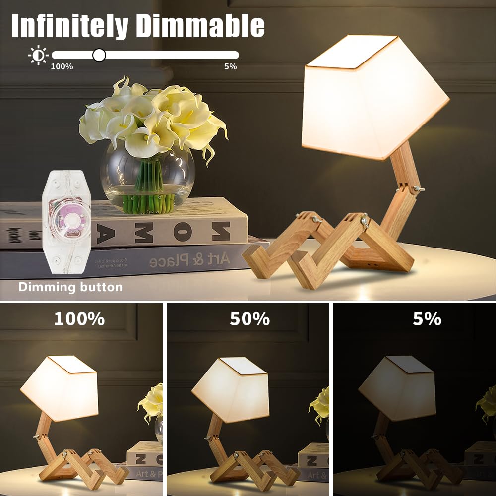 Tongnida Cute Desk Lamp,Dimmable Robot Table Lamps,Square Lampshade Bedside Light With Foldable Solid Wood Body,Funny Kids Lamp For Nightstand,Bedroom,Study,Kids Room,Living Room