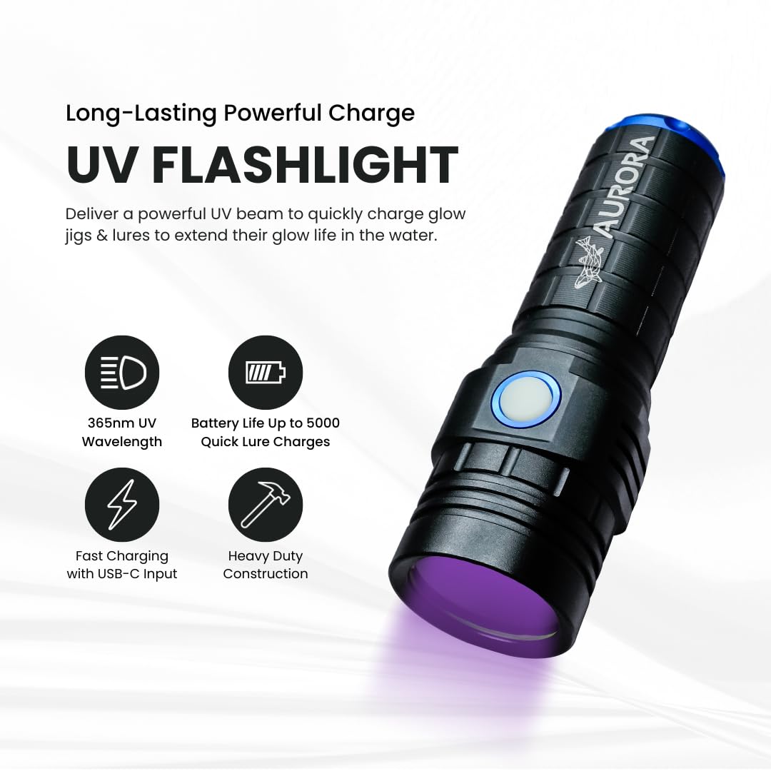 Aurora Fishing Gear High Power Rechargeable Uv 365Nm Flashlight - 30W Output, 3000Mah Battery, Usb-C Charging, Quick-Charging For Glow Fishing Lures