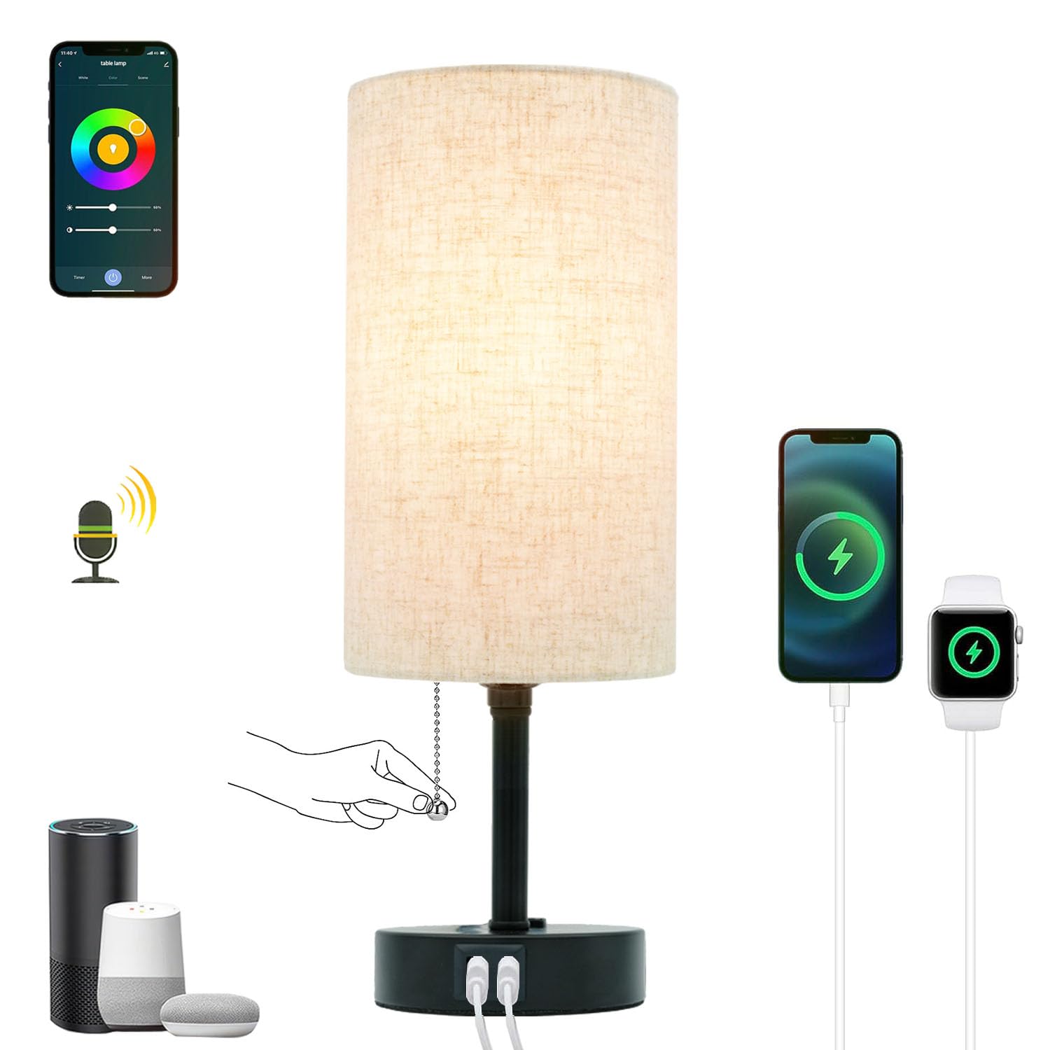 Eytueo Smart Table Lamp Work With Homekit, Siri, Alexa, Google Assistant, Smart Beside Nightstand Lamp With Ac Outlet & Usb A+C Charging Ports, Ambiance Color Changing Bed Table Lamp For Bedroom