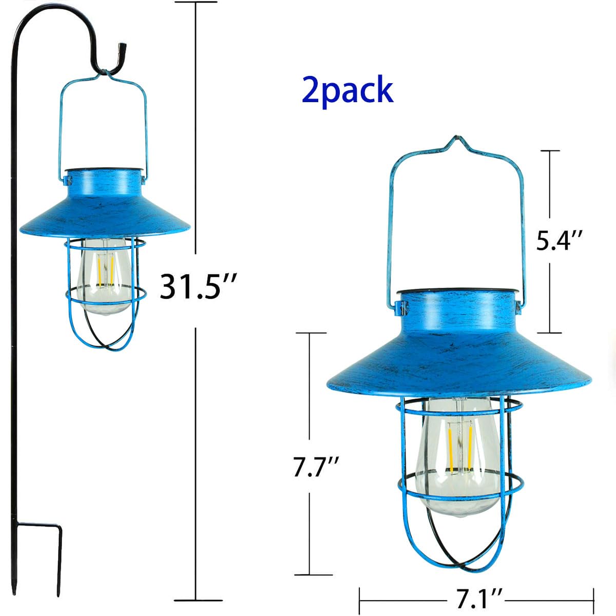 Eigreen 2 Pack Hanging Solar Lantern Lights With Shepherd Hook, Metal Waterproof Warm White Edison Bulb Lights For Garden Outdoor Pathway (Bule)
