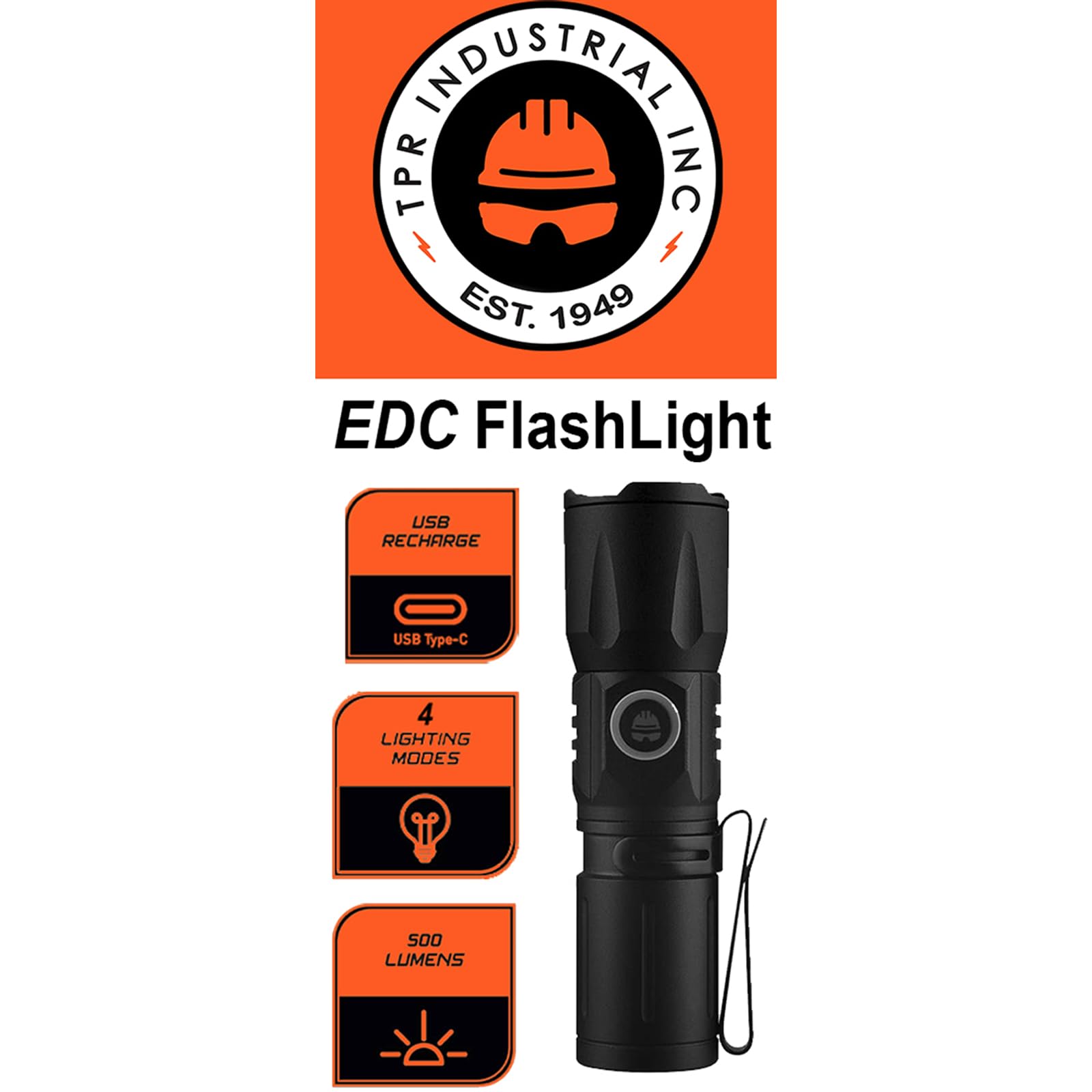 Tpr Industrial Edc Flashlight - Usb C Rechargeable, 500 Lumens, Hard Hat, And Safety Helmet Compatible, Black
