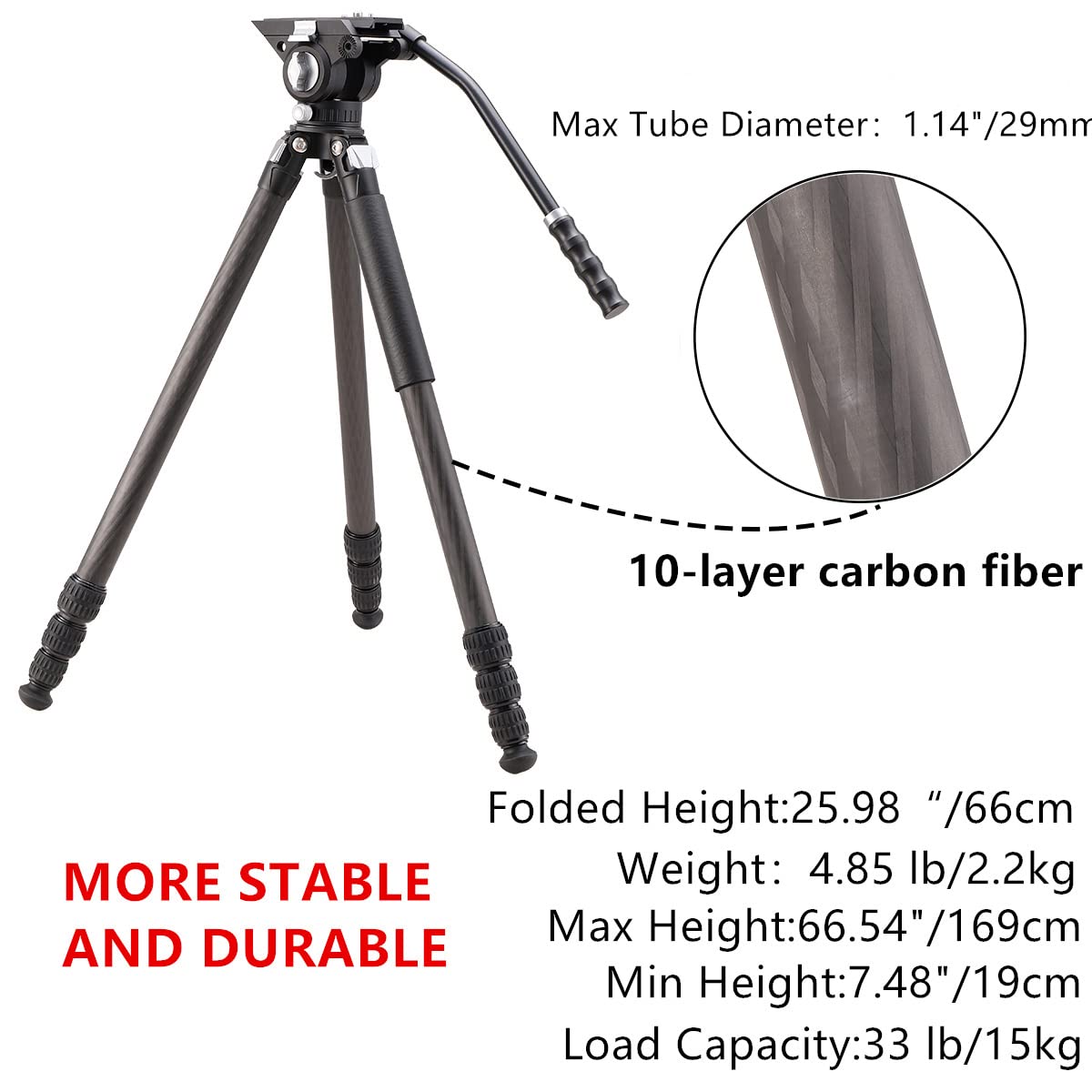 Dmiditir Carbon Fiber Metal Video Tripod With Metal Fluid Head - Heavy Duty, Loads Up To 33 Pounds, Suitable For Travel And Work (Black)