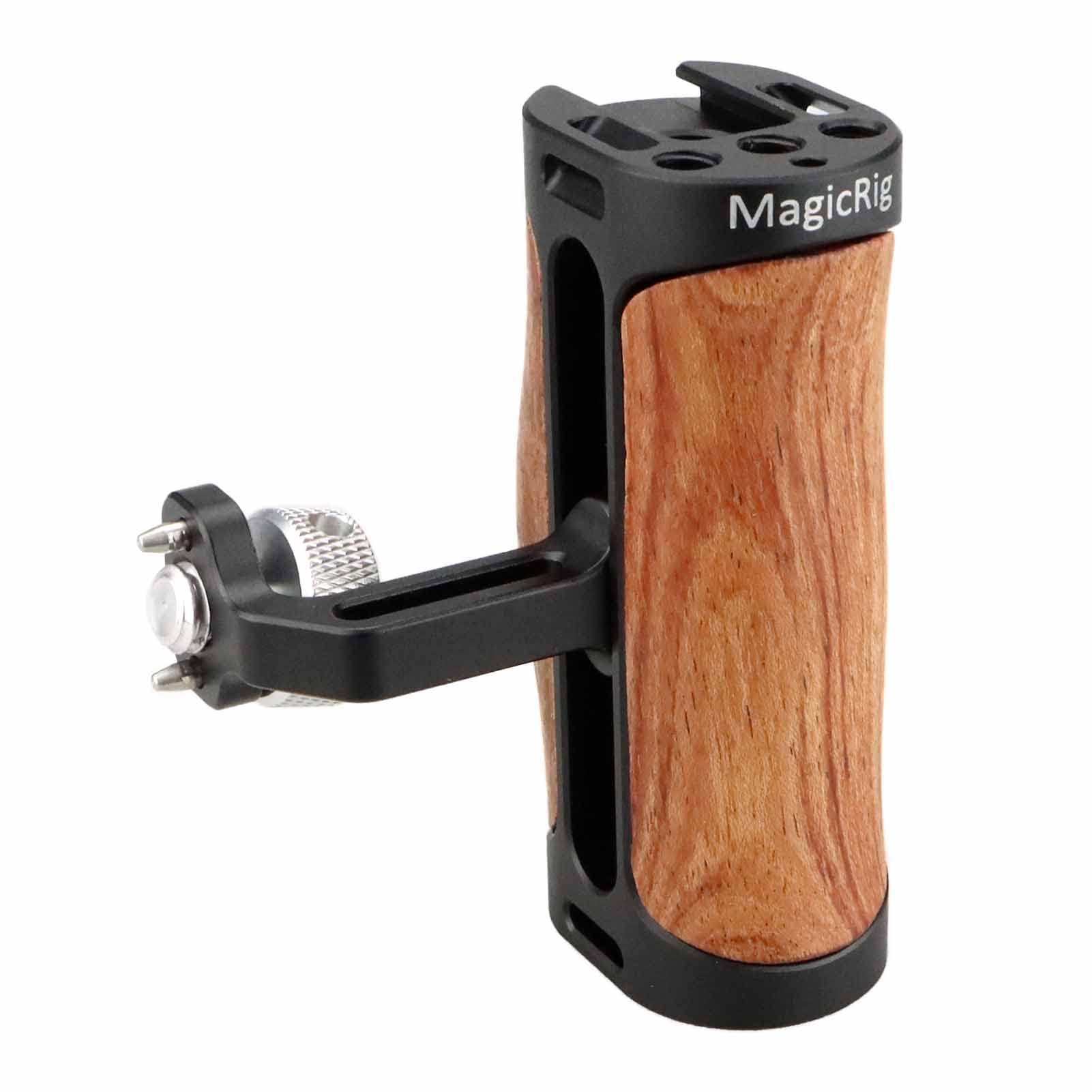 Magicrig Locating Side Handle For Arri Mount, Left/Right Mini Wooden Handgrip For Dslr Camera Cage, With Cold Shoe 1/4"-20 And 3/8"-16 Arri Locating Threads, Up And Down Adjustable