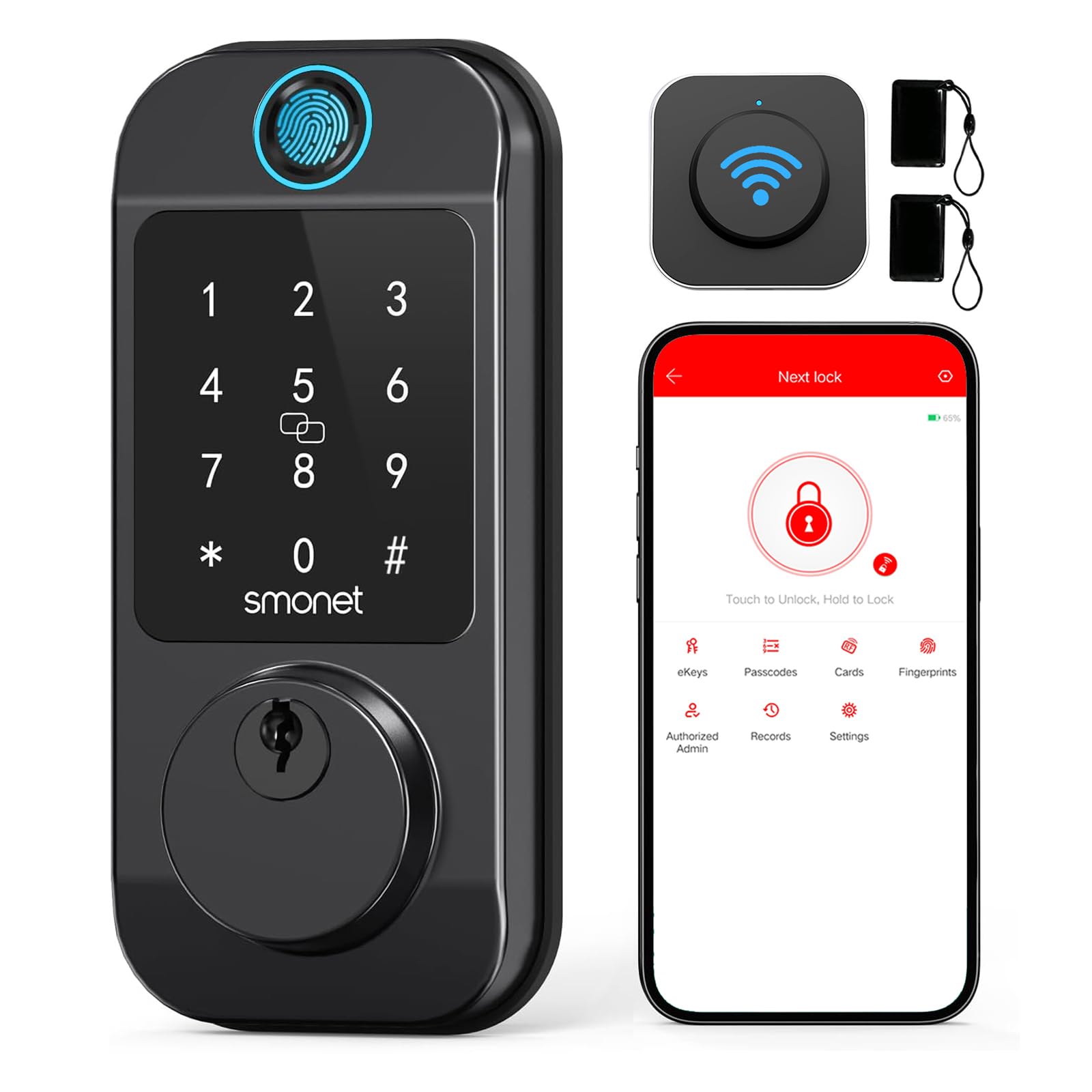 Smonet Smart Locks Wifi Deadbolt: Fingerprint Front Door Lock Keyless Entry With Keypad Electronic Digital Deadbolt Alexa Gateway Remote Control, Bluetooth App Keyfob Code Auto-Lock For Home, Black
