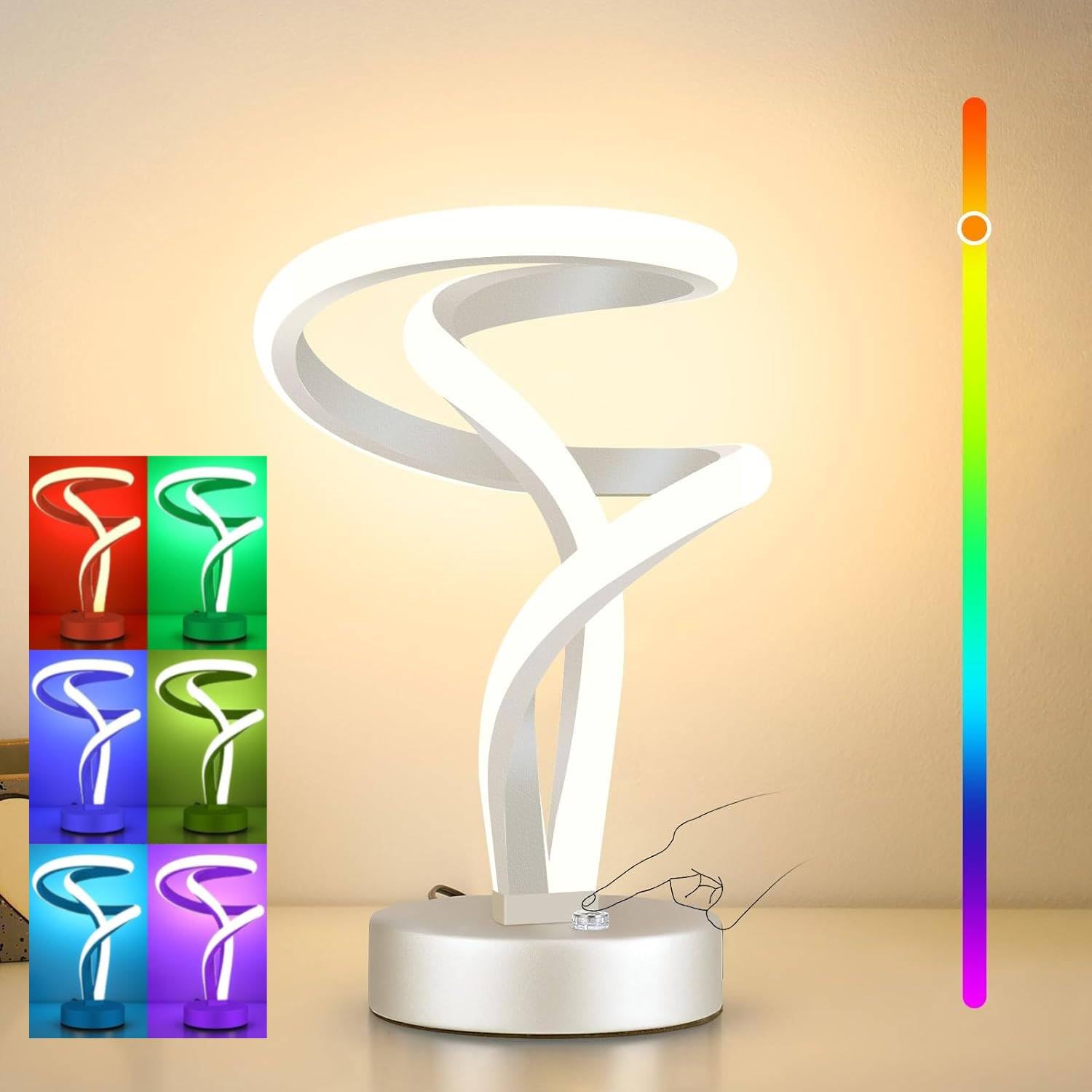 Oyxon Modern Table Lamp, Led Touch Dimmable Spiral Bedside Table Lamp, 10W Rgb Nightstand Lamp With 7 Colors 10 Light Modes, Cool Silver Night Lamp For Bedroom Living Room