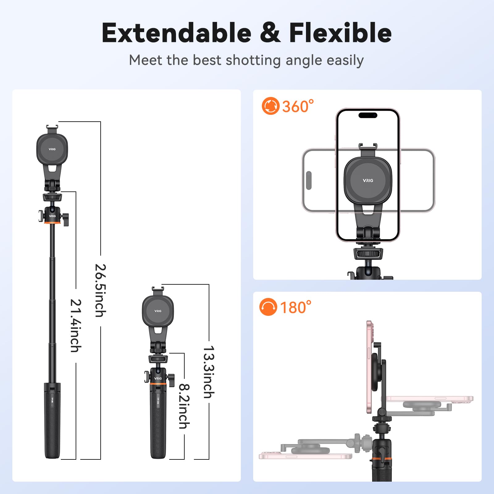 Vrig Express 21.6" Magnetic Selfie Stick Tripod With Wireless Remote, Extendable Phone Stand Tripod For Magsafe For Iphone 15 14 13 12 Pro Max Series, All Android Phones With Magnetic Functionality