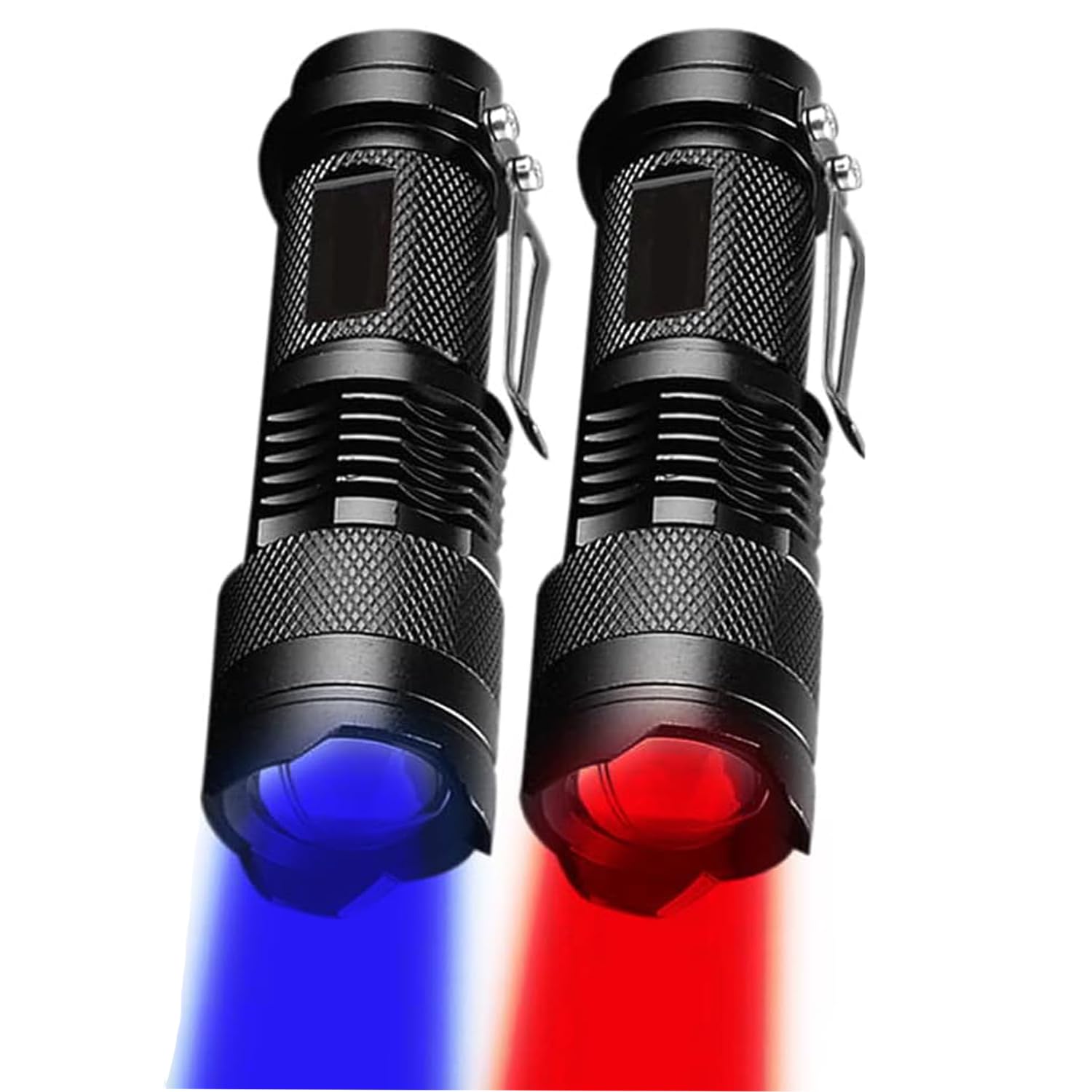Modoao 2 Pack Mini Flashlight With Clip Green/Red/Blue Light Led Flashlight With 3 Modes Light Focus Zoomable For Camping, Hiking, Night Vision (Blue And Red)