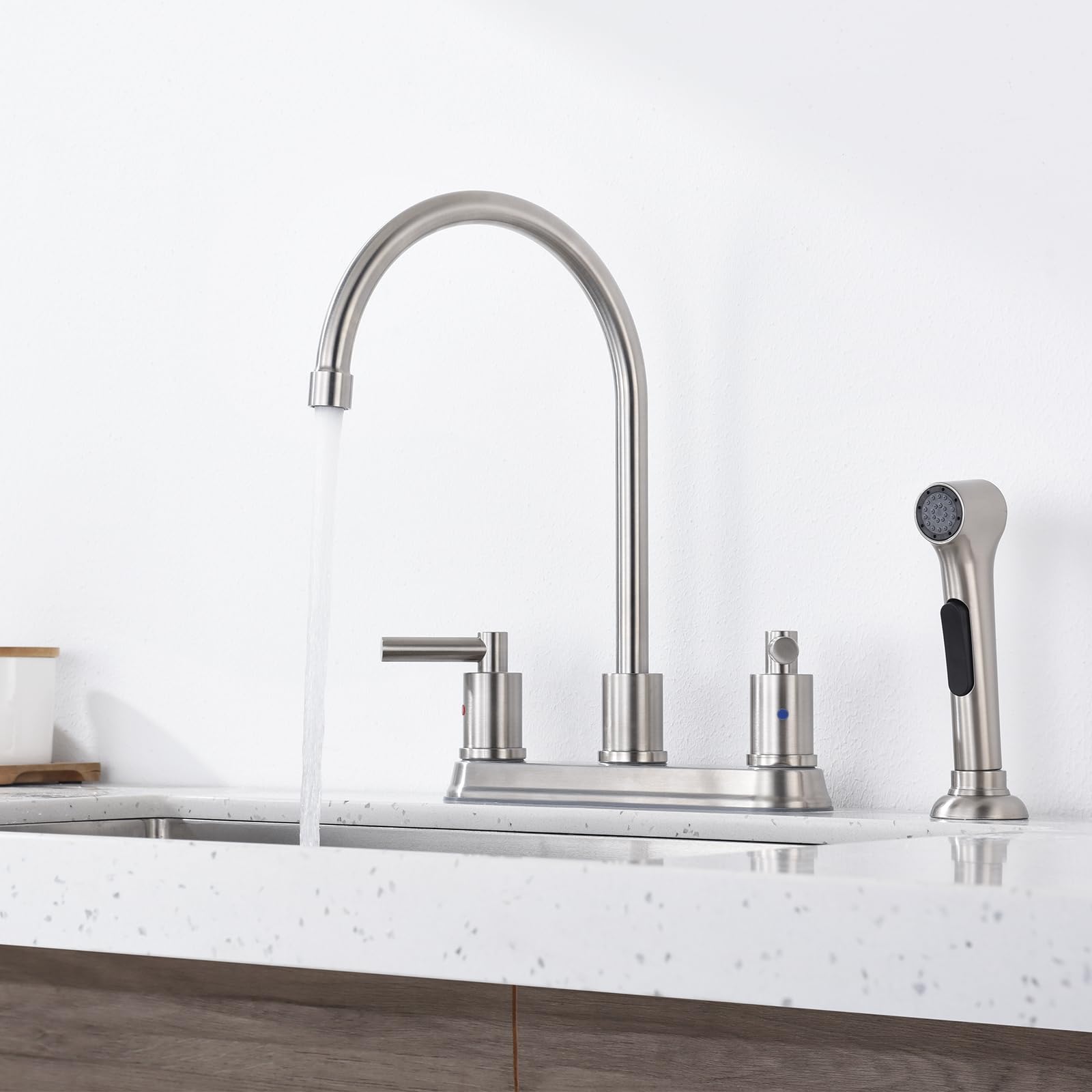 Arrisea 2 Handle Kitchen Sink Faucet With Side Sprayer, Two Handle 4 Holes 8 Inch Centerset Kitchen Faucets With 24 Inch Pull-Out Side Sprayer, Brushed Nickel Stainless Steel High Arc Kitchen Tap