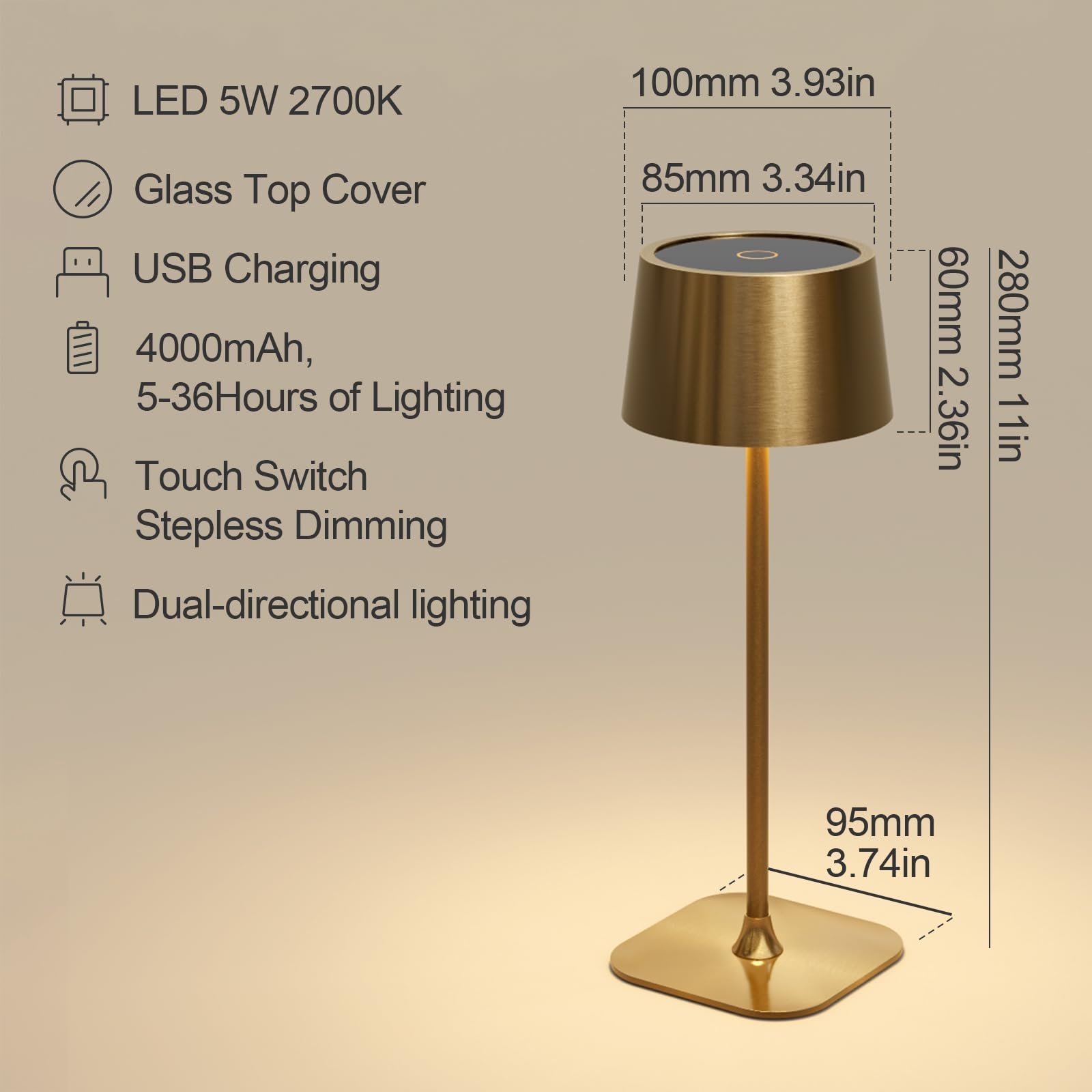 Artilo Battery Operated Lights,Cordless Table Lamp,Portable Dimmable Small Desk Lamp,Stepless Dimming Rechargeable Lamp For Couple Dinner/Restaurant/Outdoor Camping/Bedroom,Touch Switch,Copper