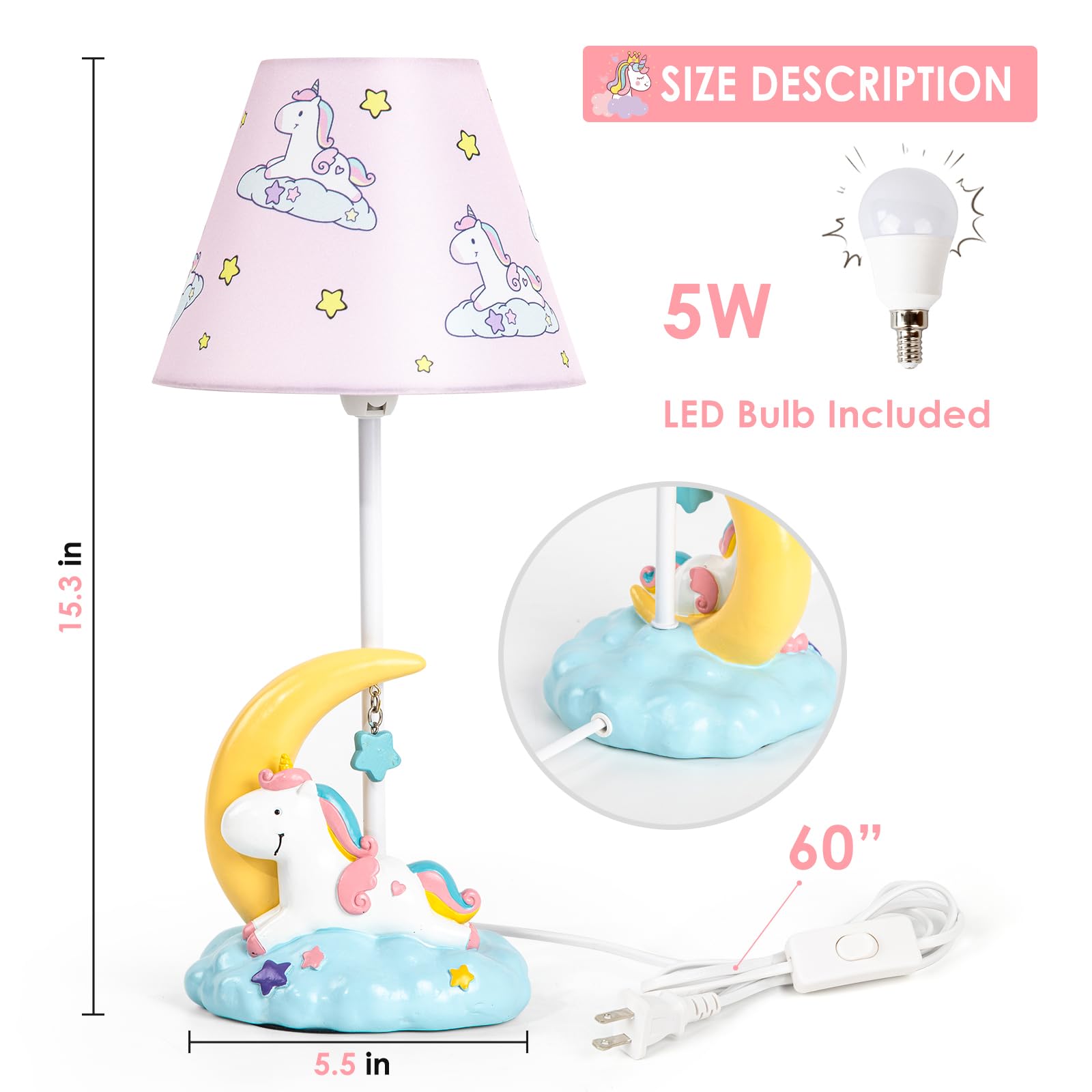 Herbestbay Kids Table Lamp, Adorable Moon Unicorn Style Desk Lamp, 16 Inch Pink Bedside Lamp Ideal For Girls Bedroom Decor, Includes Led Bulb