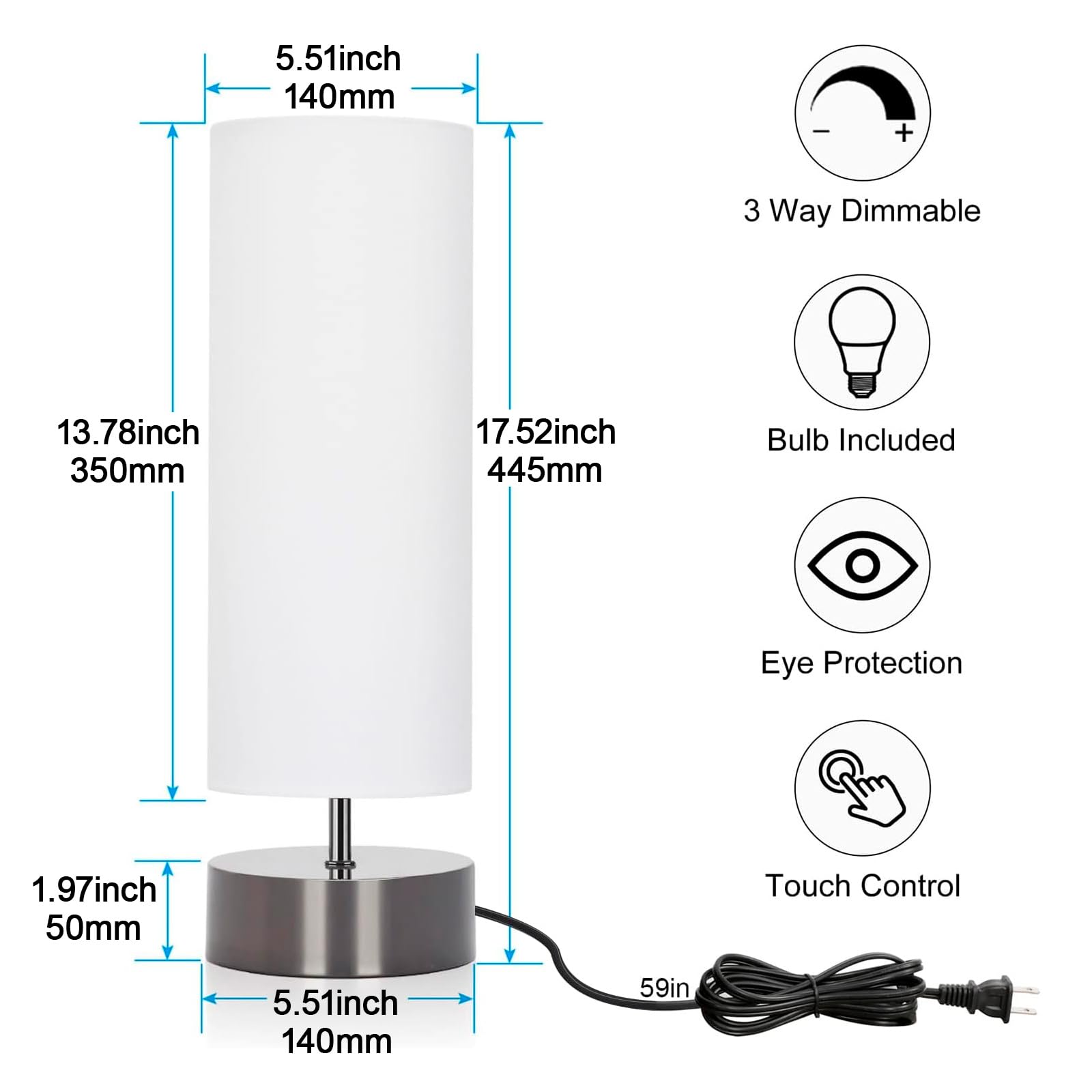 Seaside Village Touch Table Lamp, 3-Way Dimmable Modern Minimalist Accent Bedside Lamp With Cylinder Fabric Shade, Night Light Nightstand Desk Lamp For Bedroom Living Room Kitchen, 9W Led Bulb Included
