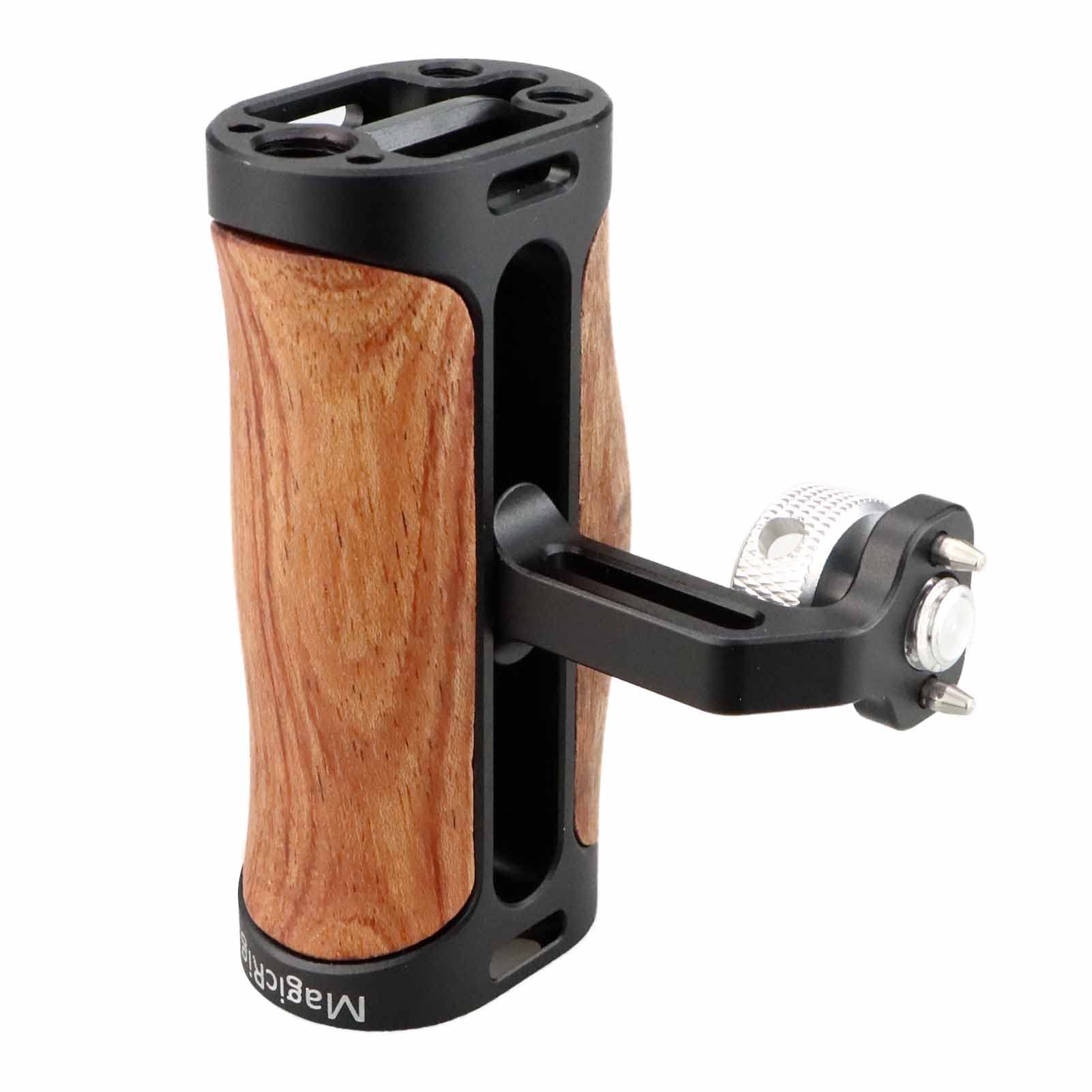 Magicrig Locating Side Handle For Arri Mount, Left/Right Mini Wooden Handgrip For Dslr Camera Cage, With Cold Shoe 1/4"-20 And 3/8"-16 Arri Locating Threads, Up And Down Adjustable