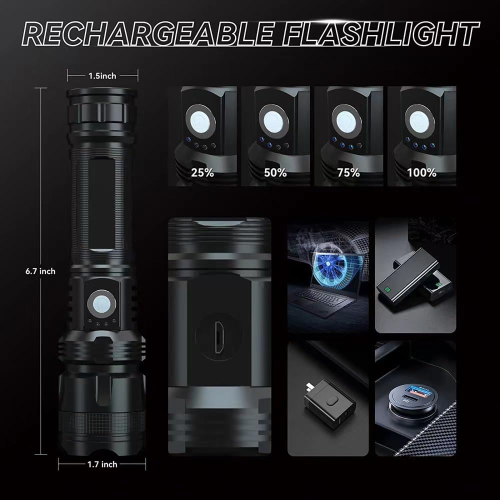 Pxhtmpk Rechargeable Led Flashlight High Lumens, 500000 Lumens Super Bright Flash Lights, Zoomable, 5 Modes, Powerful Handheld Flashlight For Camping