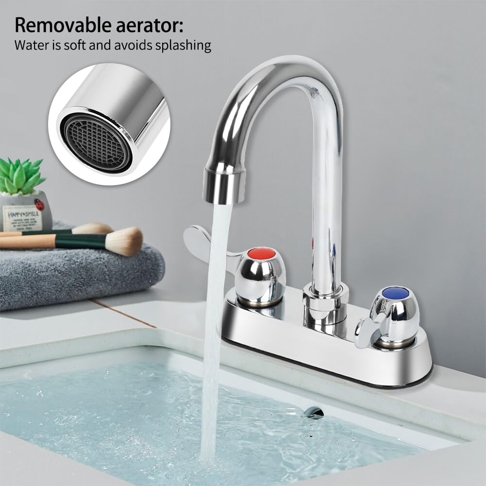 Tnroted 4 Inch Center Commercial Bar Sink Faucet With 3-1/2" Gooseneck Spout, Dual Lever Handles Deck Mount Bar Sink Faucet For Kitchen Laundry Restaurant, Brass Constructed