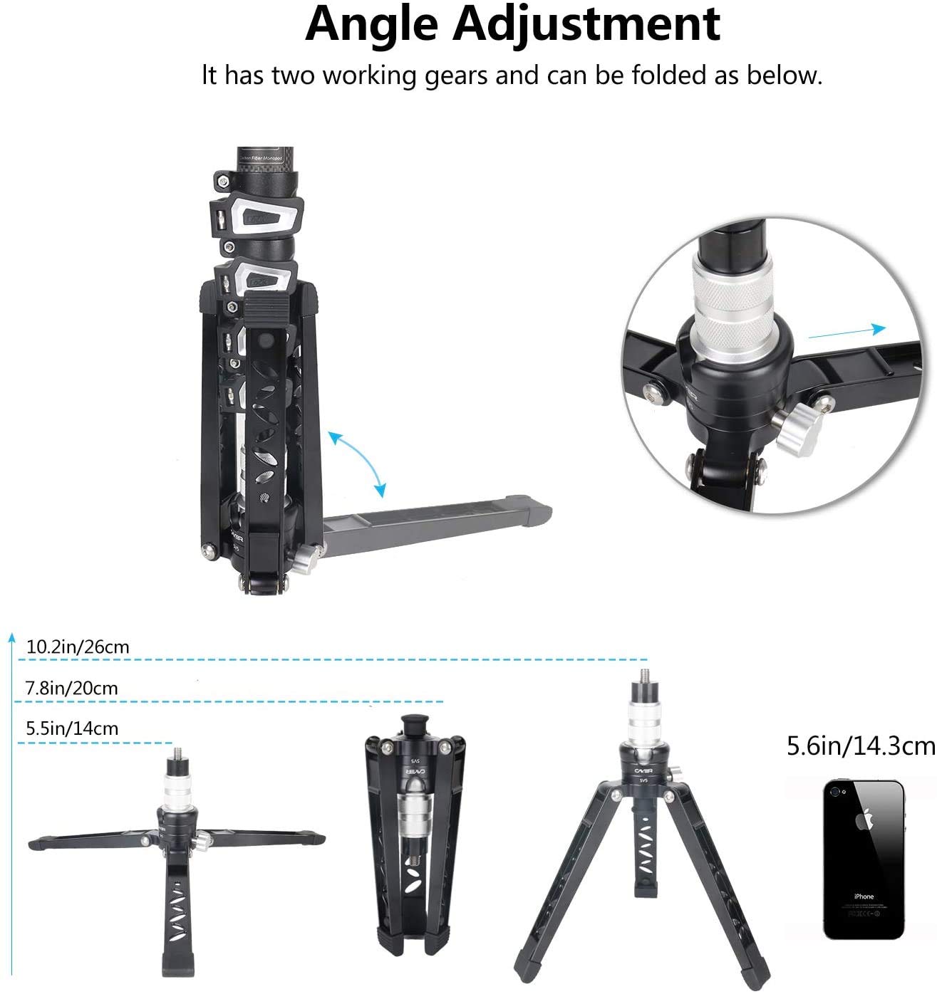 Cayer Tabletop Mini Tripod, Sv5 Alumunium Portable Desktop Tripod Stand With 3/8"-16 Mounting Screw For Monopods, Dslr Camera, Video Camcorder, Mobile Phone And Action Cameras